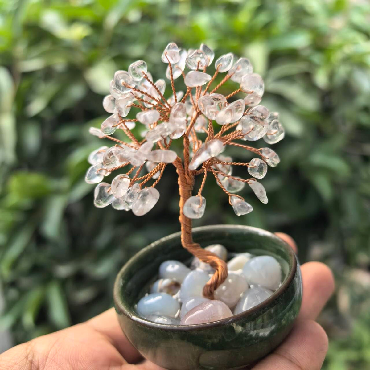 Natural Gemstone Wire Wrapped Crystal Tree Bowl of Life Chakra Healing Gift Agate Stone Reiki Energy Home Decor Spiritual Wellness Centerpiece (White Crystal)