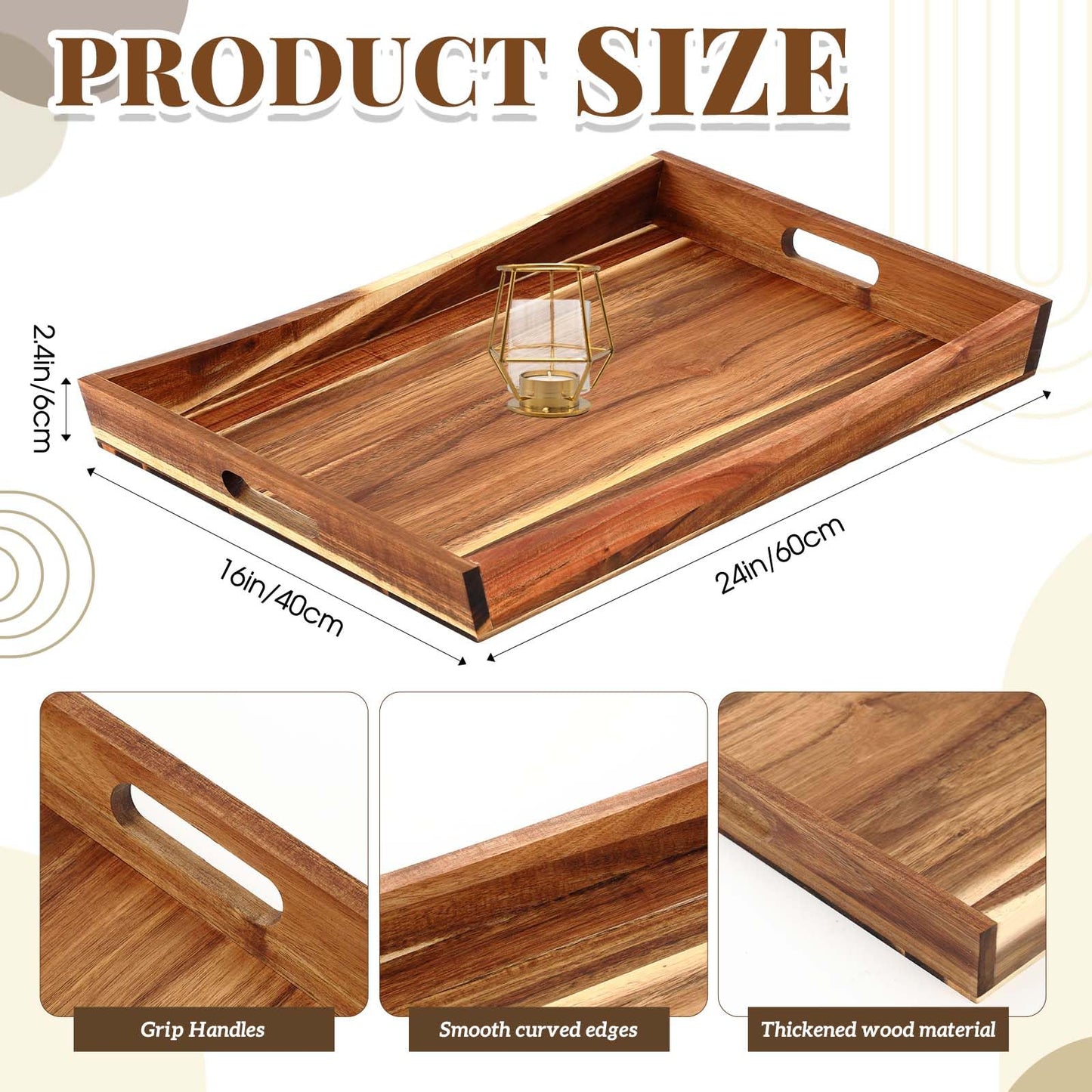 Teenyyou 24 x 16 Inches Large Ottoman Tray Wood Curved Serving Tray with Handles Rectangle Curved Classic Wooden Decorative Serving Platters for Tea Kitchen Food Beverage Fruit Snack