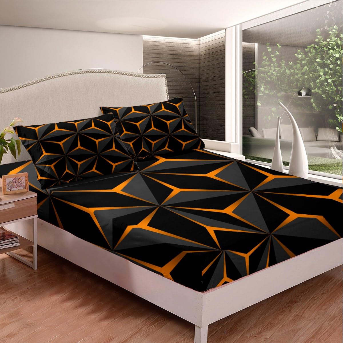Feelyou Neon Honeycomb Sheet Set Twin Size,Geometric Stereoscopic Theme Teens Boys Bedding Set,Adults Bedroom Decoration 3D Orange Print Fitted Sheet All Season