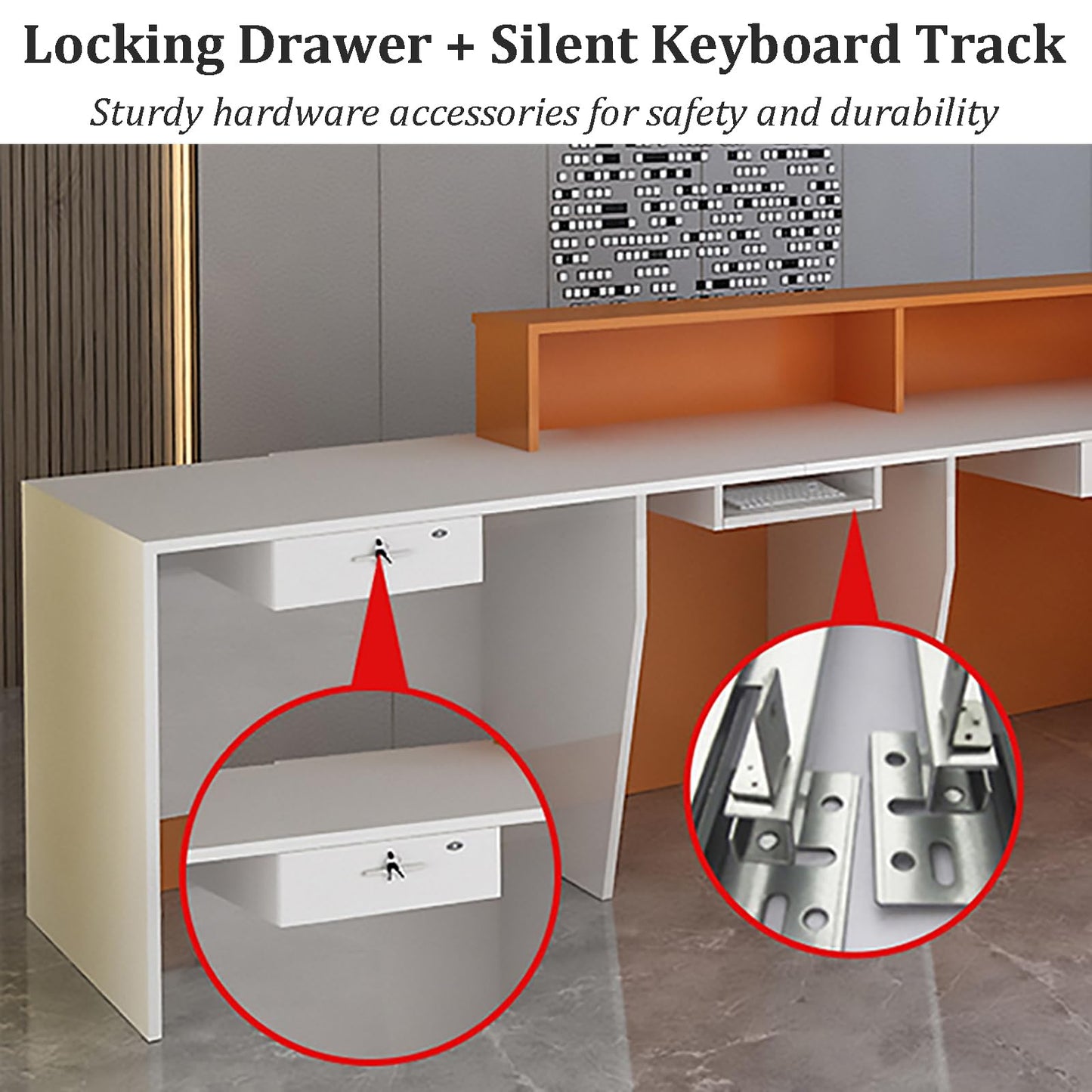 Front Counter Desk with Lockable Drawers - Modern Reception Desk with Open Shelves, Ideal for Salon, Hotel Checkout, and Office - Stylish and Functional Reception Table