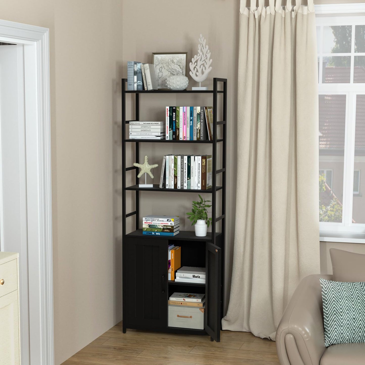 Lazyvan Black Bookshelf with Doors,70" Tall Bookcase with Storage Cabinet,6 Tier Book Shelf for Living Room/Bedroom/Office/Kitchen,70"(H)*26"(L)*11.8"(W)