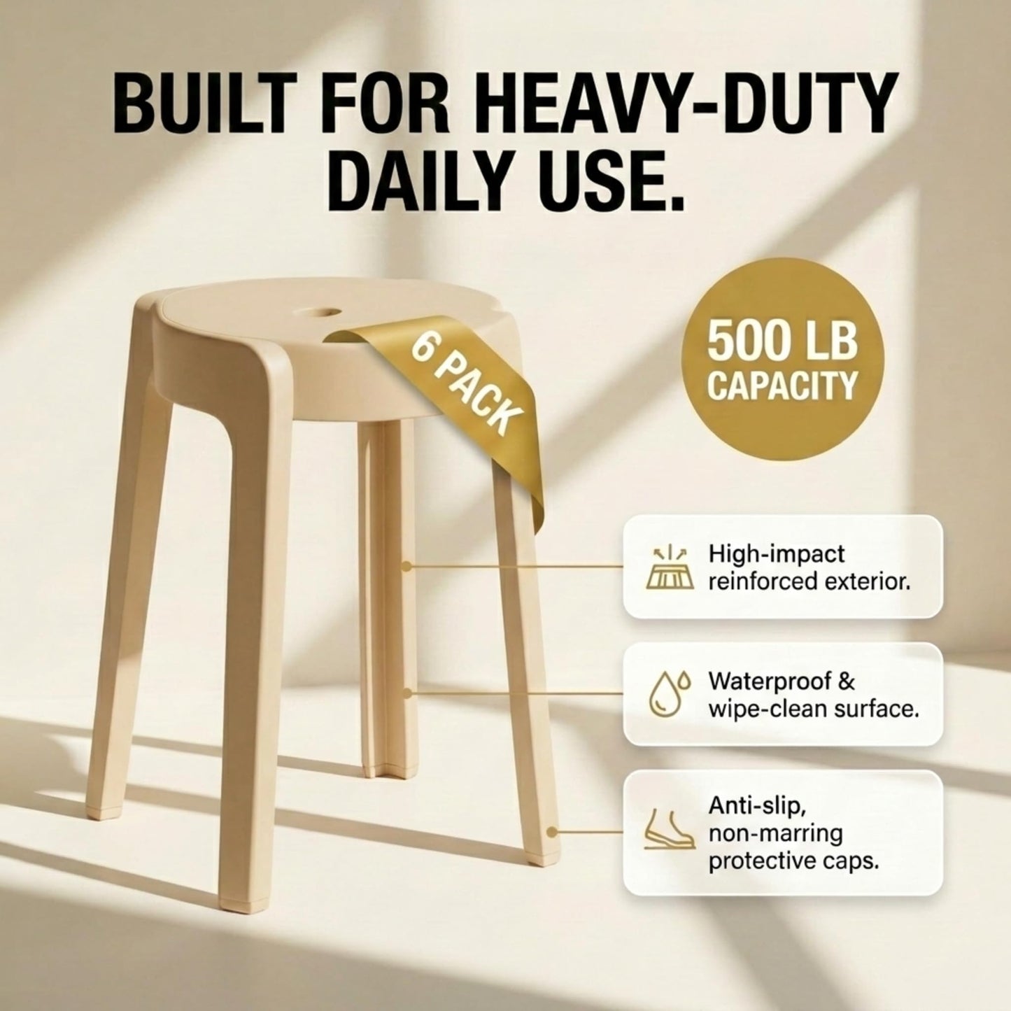Stackable Plastic Stools Set of 6-18 Inch Heavy Duty 500 lbs Capacity, Flexible Seating Classroom Stools for School, Outdoor Patio & BBQ Chairs, Space Saving Plastic Chairs for Dorm, Home Office