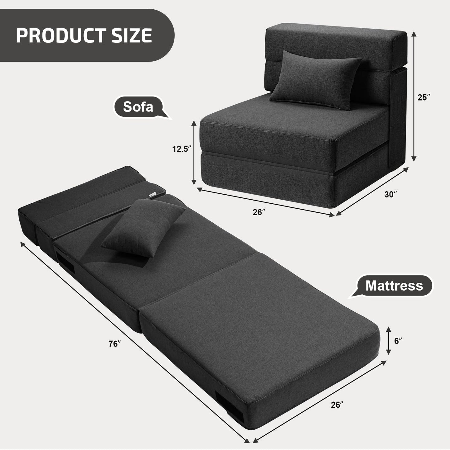 SUYOLS Folding Sofa Bed with Pillow- Convertible Chair Floor Couch & Sleeping Mattress, Foldable Memory Foam Sleeper for Living Room/Dorm/Guest Room/Home Office/Apartment/Loft, Single26, Dark Gray