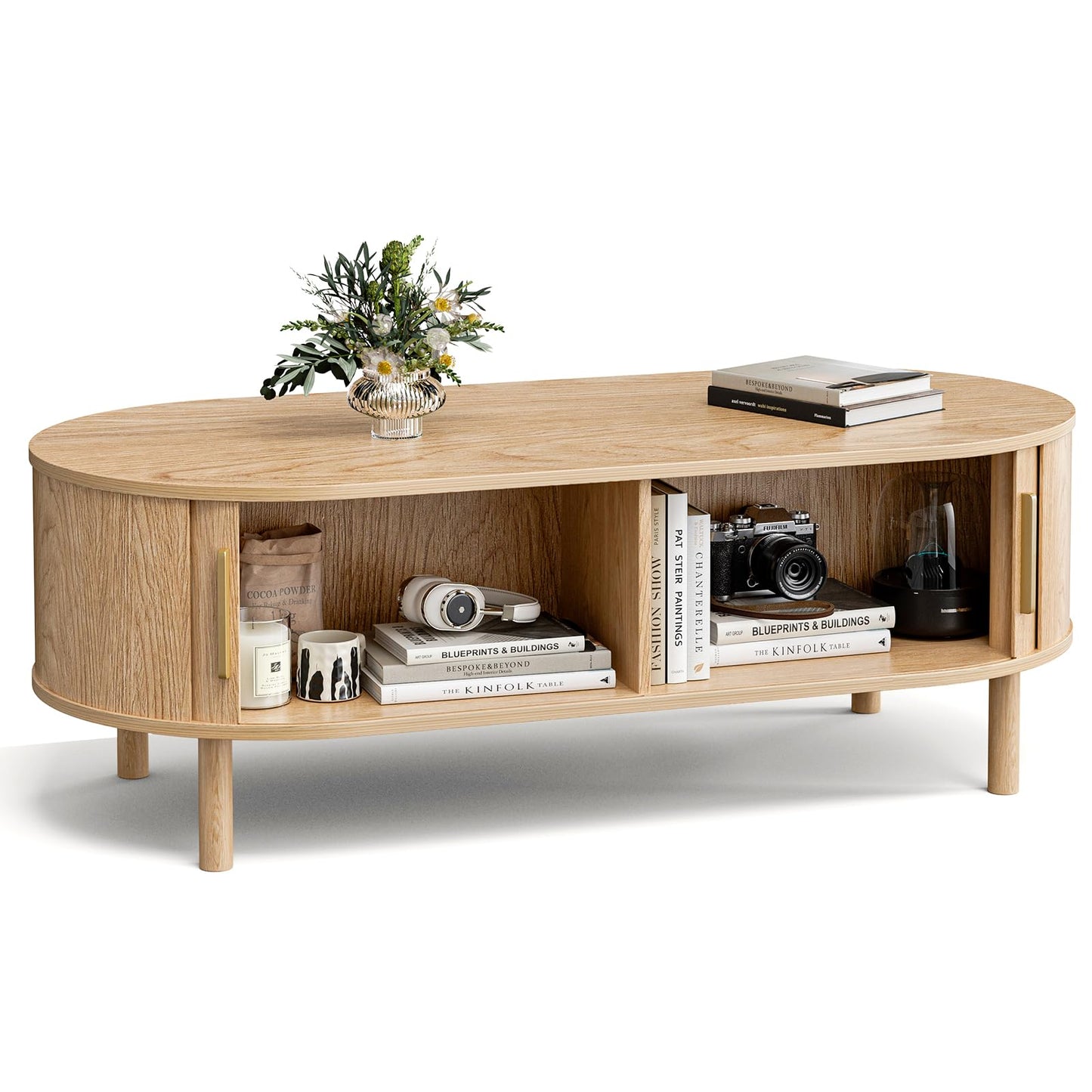 ZttRiee Coffee Table for Living Room, Modern Oval Coffee Table with Cabinets & Sliding Doors, Home Small Space, 47.2" Fluted Center Table, Natual