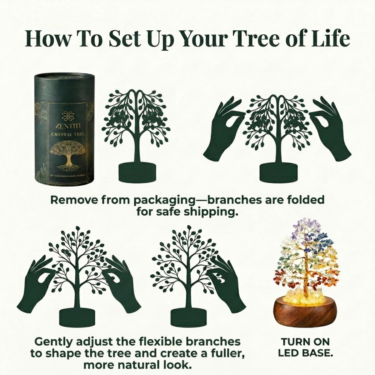 Zentiti 7 Chakra Crystal Tree of Life with LED Light, Handcrafted Gemstone Bonsai with Quartz Crystal Base & Acacia Wood Stand, Spiritual Home & Office Décor, Gift for Women,