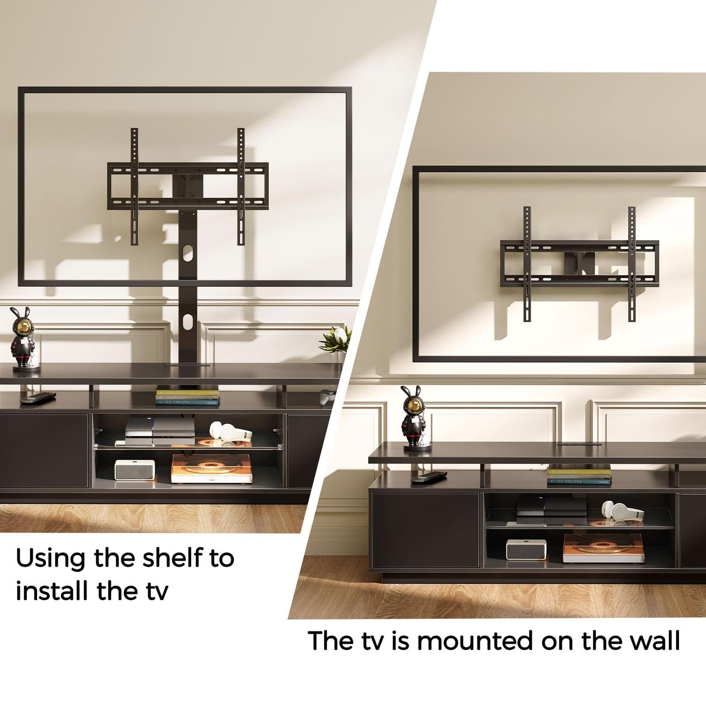 Rolanstar TV Stand with Mount and Power Outlet 51.2", Swivel TV Stand Mount for 32/45/55/60/65/70 inch TVs, Height Adjustable Modern Entertainment Center with Storage & LED Lights, TV Table Black