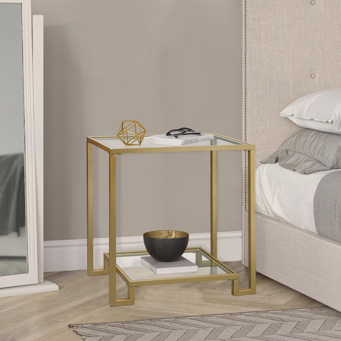 GIFTTROVE 2 Tier Rectangular Side Table, Gold End Table with Glass Top, Modern Metal Clear Coffee Tables，Small Accent Tables for Living Room, Bedroom, 22" x 12.4" x 24"