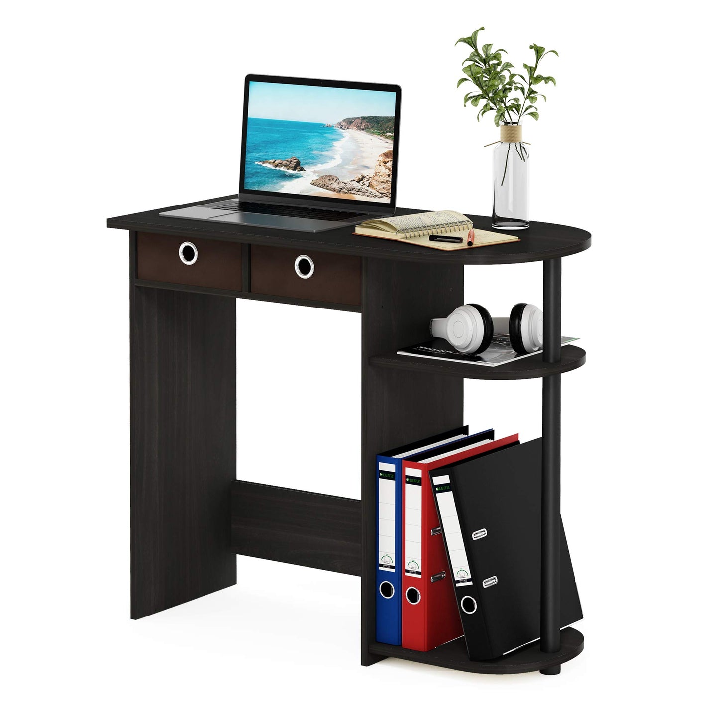 Furinno Go Green 32-Inch Black Computer Desk, Office Desk with 2 Side Shelves and Storage Bins, Rectangular Home Office Desk, Gaming Desk for Home Office, Bedroom, Study Room, Black Espresso