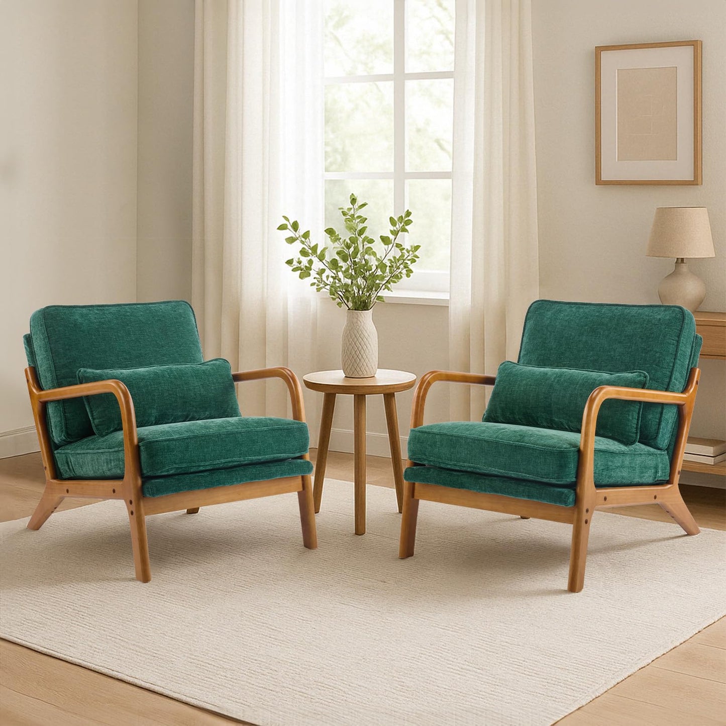 Karl home Mid Century Modern Accent Chair with Lumbar Pillow & Oak Arms – Plush Chenille Living Room Chair for Bedroom, Lounge (Dark Green)
