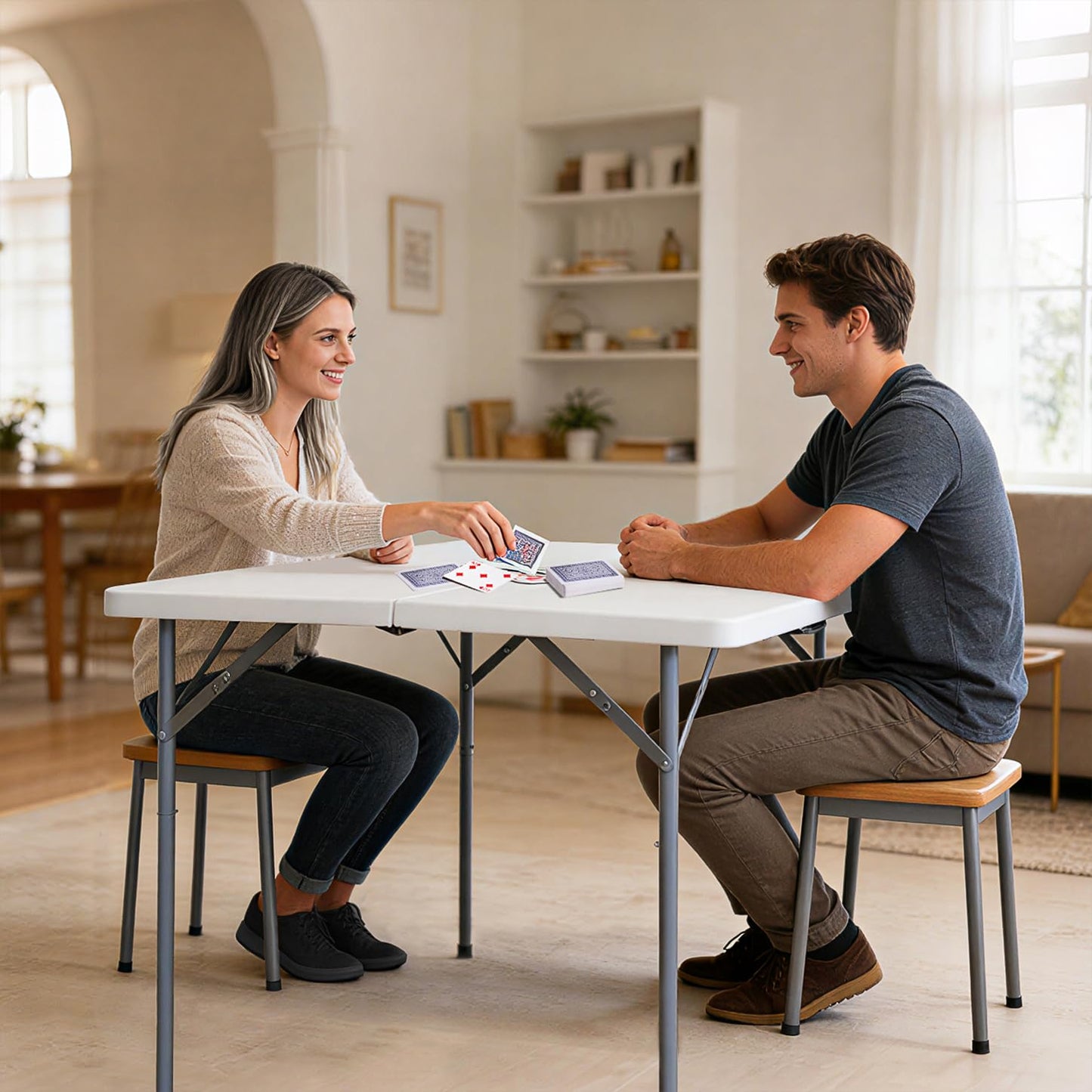 Vampire Killer 34" Square Folding Table Fold-in-Half Utility Dining Portable Table Heavy Duty HDPE with Carrying Handle, Plastic Tables for Camping,Picnic, Office, Party,Card Table (White)