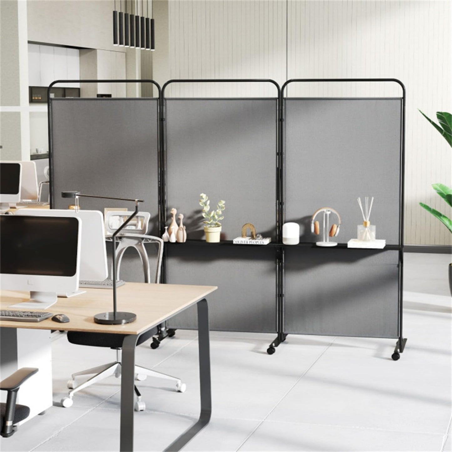 YWGYWG 3 Panel Room Divider with Storage Shelves ， 103" W x 74" H Folding Privacy Screen, Home Office Studio, Fabric Wall Divider for Room Separation (Grey)
