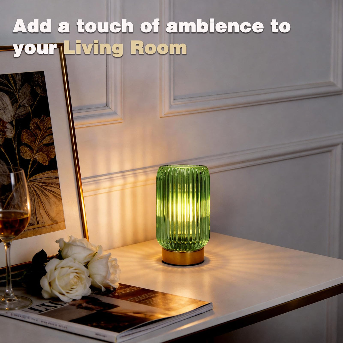 MJ PREMIER Cordless Lamp, Battery Operated Lamp with Timer, Green Glass Lampshade, Small Table Lamps for Area No Plug, Decorative Led Light for Bedroom Living Room Shelf (Green)