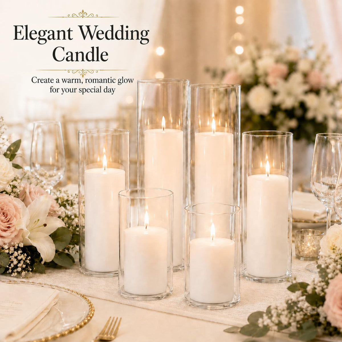 Set of 6 White Pillar Candles with Clear Glass Hurricane Holders- Elegant Cylinder Candle Vases for Weddings, Parties, Centerpieces, Home & Office Decor (White, 6 Set)