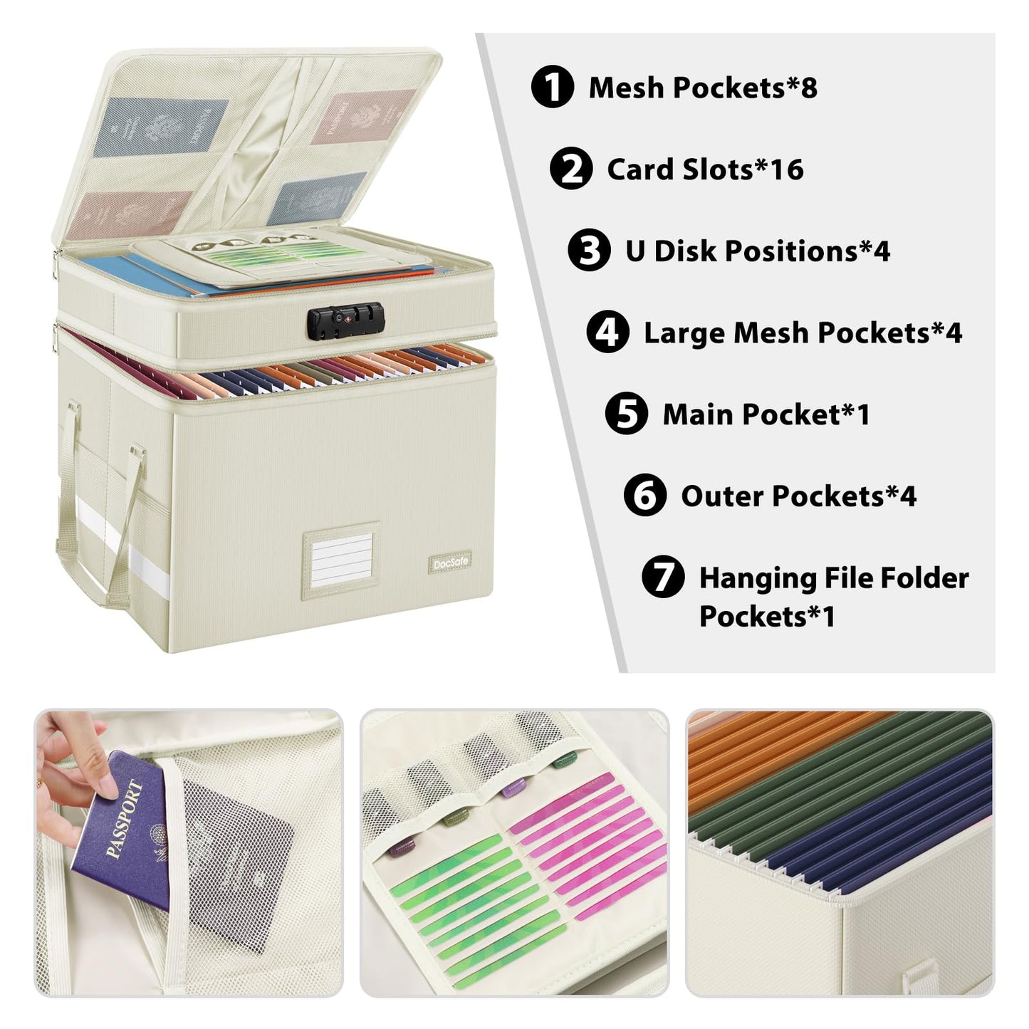 DocSafe File Box with Lock,Multi-Layer Fireproof Document Box Collapsible File Storage Organizer with Pockets/Handle,Large Portable Home Office Filing Box for Hanging Letter/Legal Size Folders,Beige