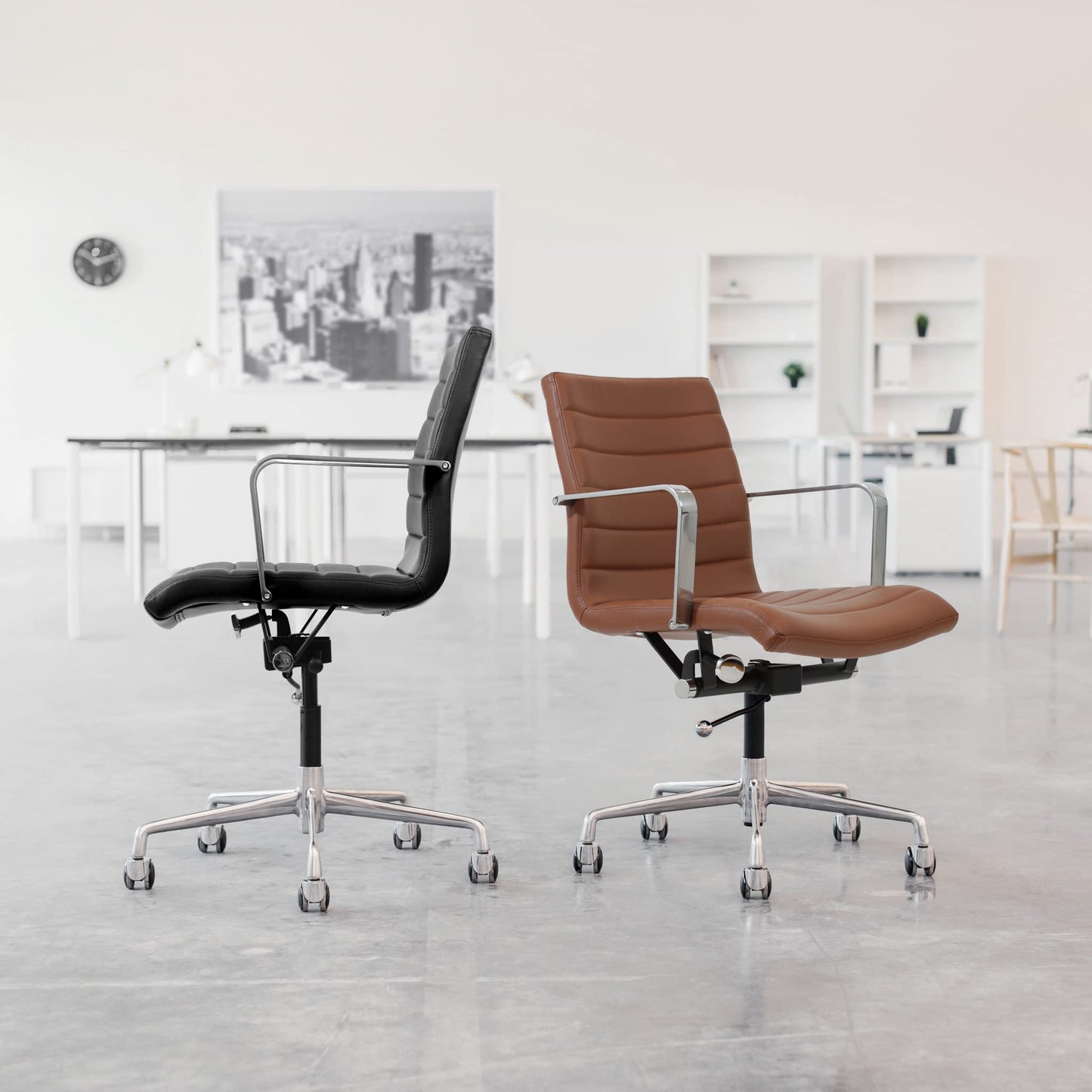 Laura Davidson Furniture SOHO II Ribbed Office Chair - Mid Back Desk Chair, Ergonomically Designed with Arm Rest & Swivel, Made of Faux Leather, Dark Blue, Computer Chair