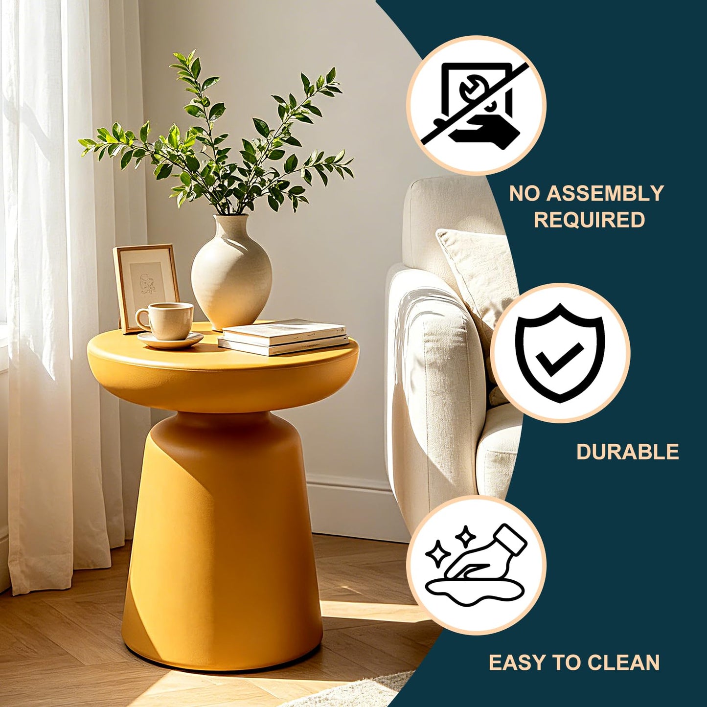 Modern Round Side Table, 16" Ginger Yellow PE Material Accent End Table, Mushroom Shaped Small Coffee Table for Living Room Bedroom Sofa Corner, Waterproof Pedestal Nightstand for Indoor/Outdoor