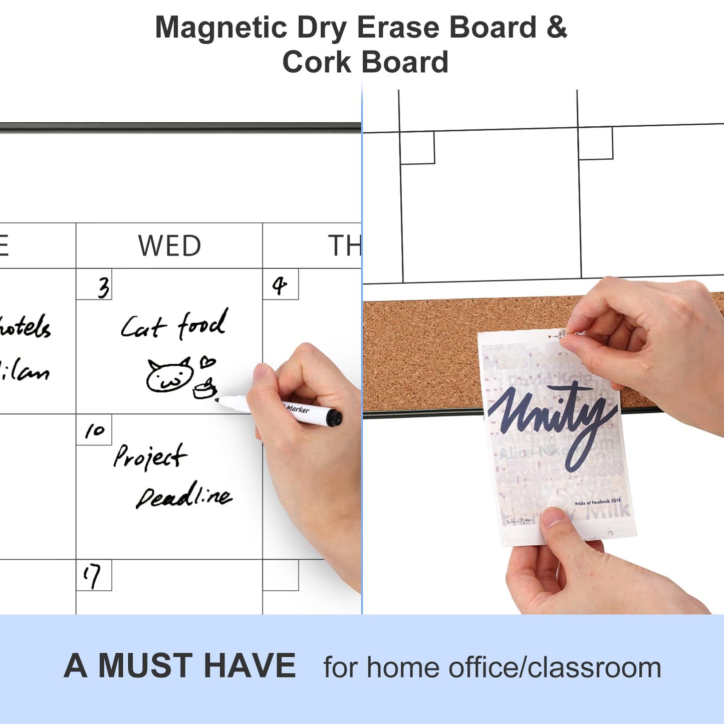 ARCOBIS Dry Erase Calendar with Cork Board for Wall, 36"x 24" Magnetic Calendar Whiteboard with Black Frame, Monthly Combination Board for School, Home, Office