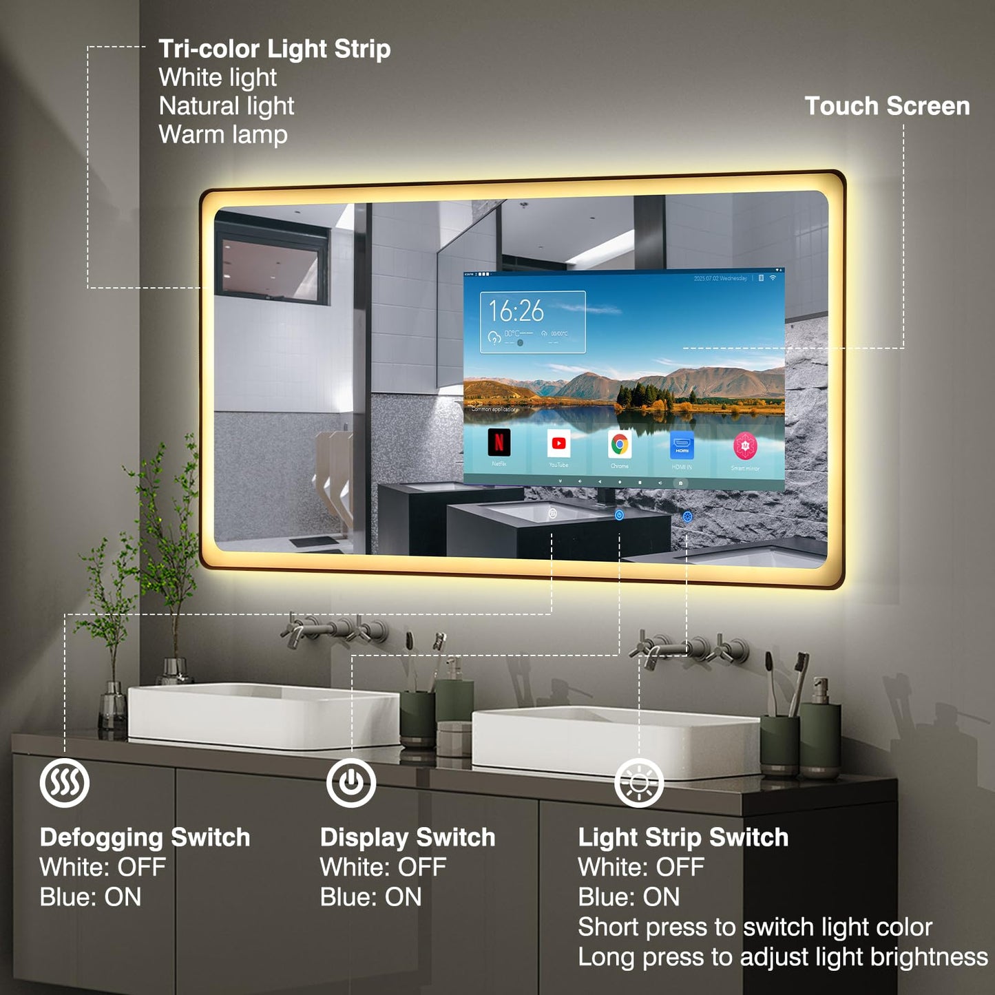 YOURYOKE 24×32 Inch Smart Vanity Bathroom Mirror with 21.5" Waterproof Touchscreen TV, Android OS, Weather Clock Date,WiFi/Bluetooth/HDMI, Anti-Fog, 3-Color LED Lights,Bedroom,Hotel&Spa Wall Mounted