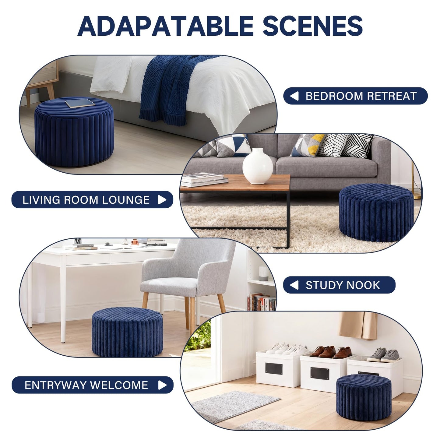 Tiita Round Stuffed Pouf Ottoman, Stripe Faux Fur Poufs with Foam Chunk Filling, Furry and Fluffy Pouf 21×21×12 inch Foot Stool Storage Ottoman,Puff Office Foot Rest for Couch Living Room, Navy Blue