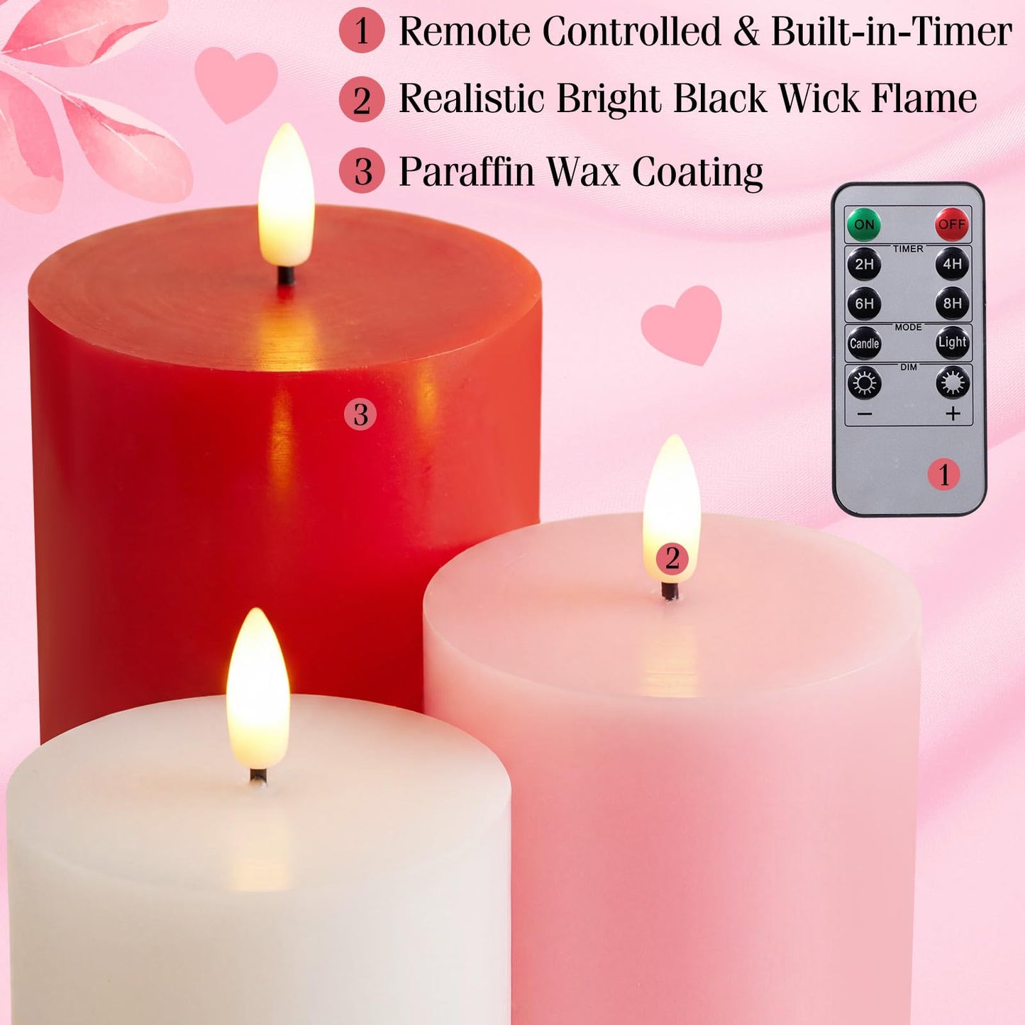 Grinsvalley 6 Pcs Mother's Day Flameless Candles LED Flameless Pillar Candles Wax LED Fake Candle with Remote and Timer Flickering H 4" 5" 6" for Home Table Dating Wedding Party Decor