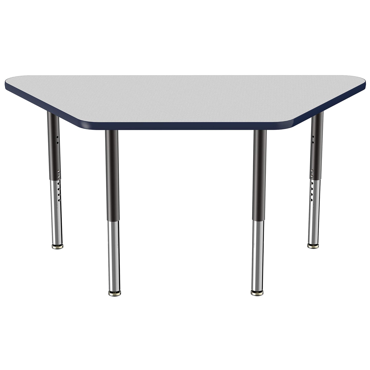 FDP Mobile Trapezoid Activity School and Office Table (30 x 60 inch), Super Legs with Glides and Casters for Collaborative Environments, Adjustable Height 19-30 inches - Gray Top and Navy Edge