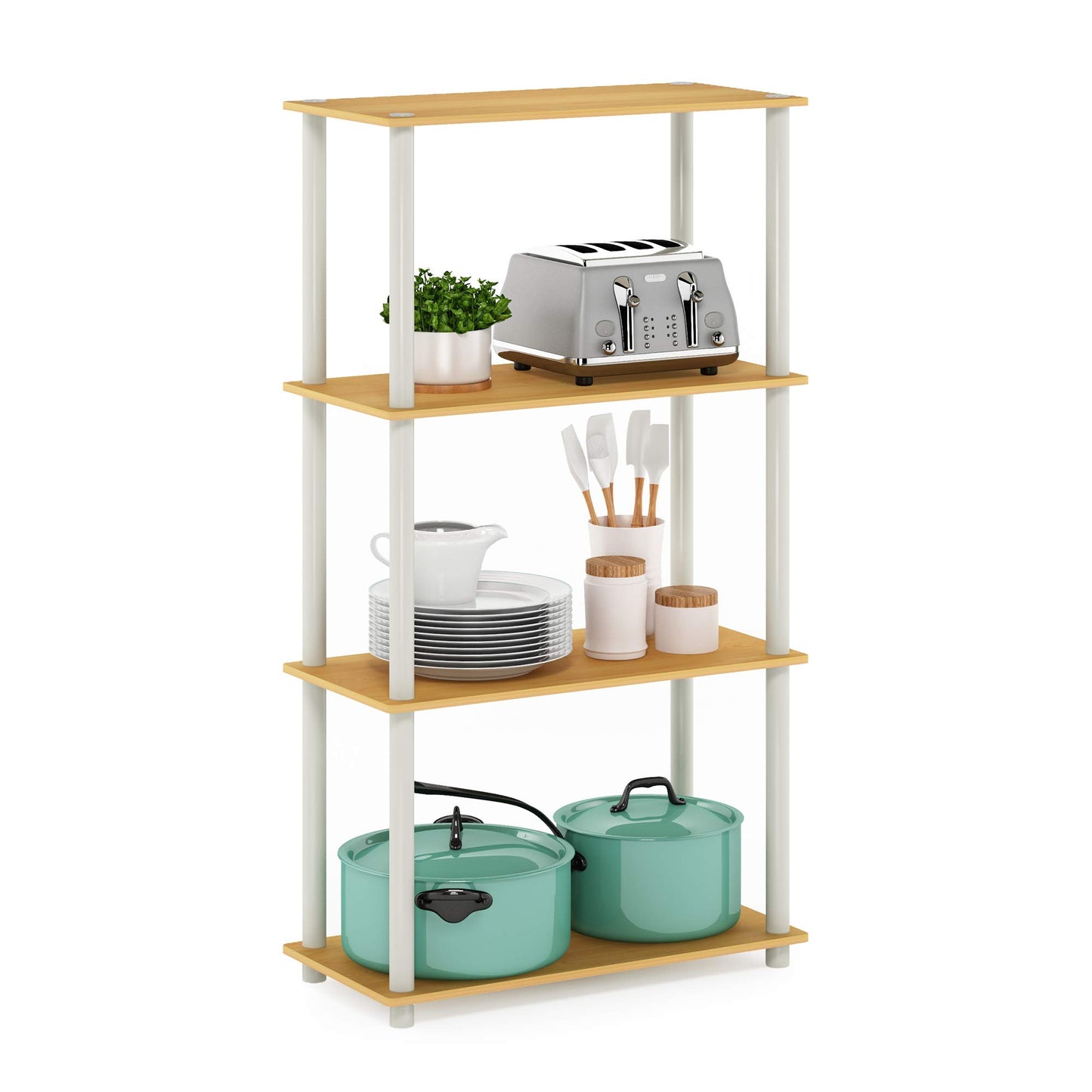Furinno Turn-N-Tube 4-Tier Multipurpose Shelf Display Rack, Round Tubes, Blonde Maple/White
