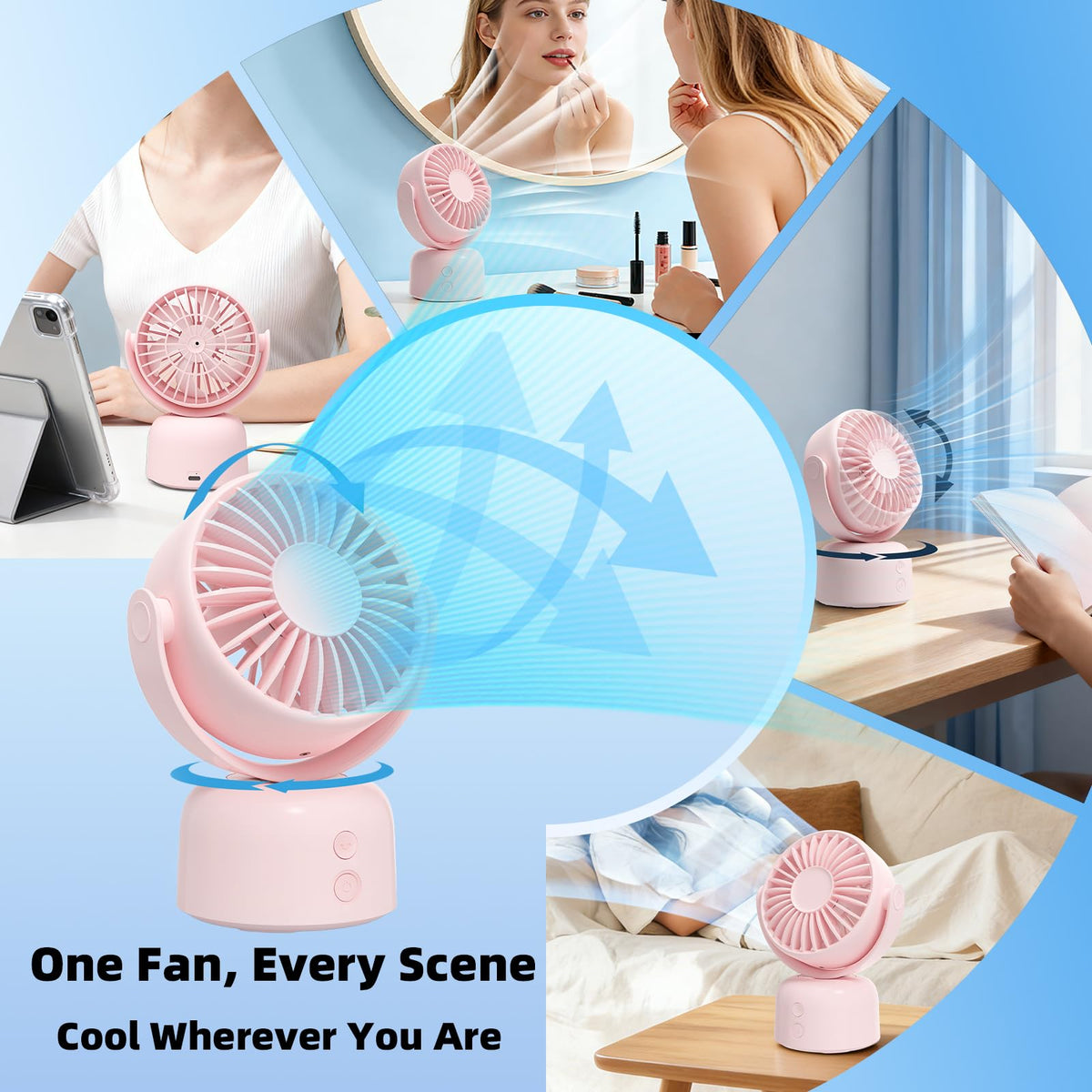 Mizong Small Oscillating Desk Fan USB Rechargeable 3 Speed Portable Mini Cooling Fan Quiet Personal Fan for Home Office Bedroom