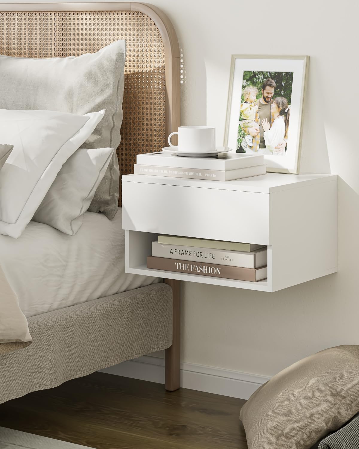 Floating Nightstand, Small Modern Floating Nightstand with Drawer, Floating Shelves for Bedroom, Bathroom (White)