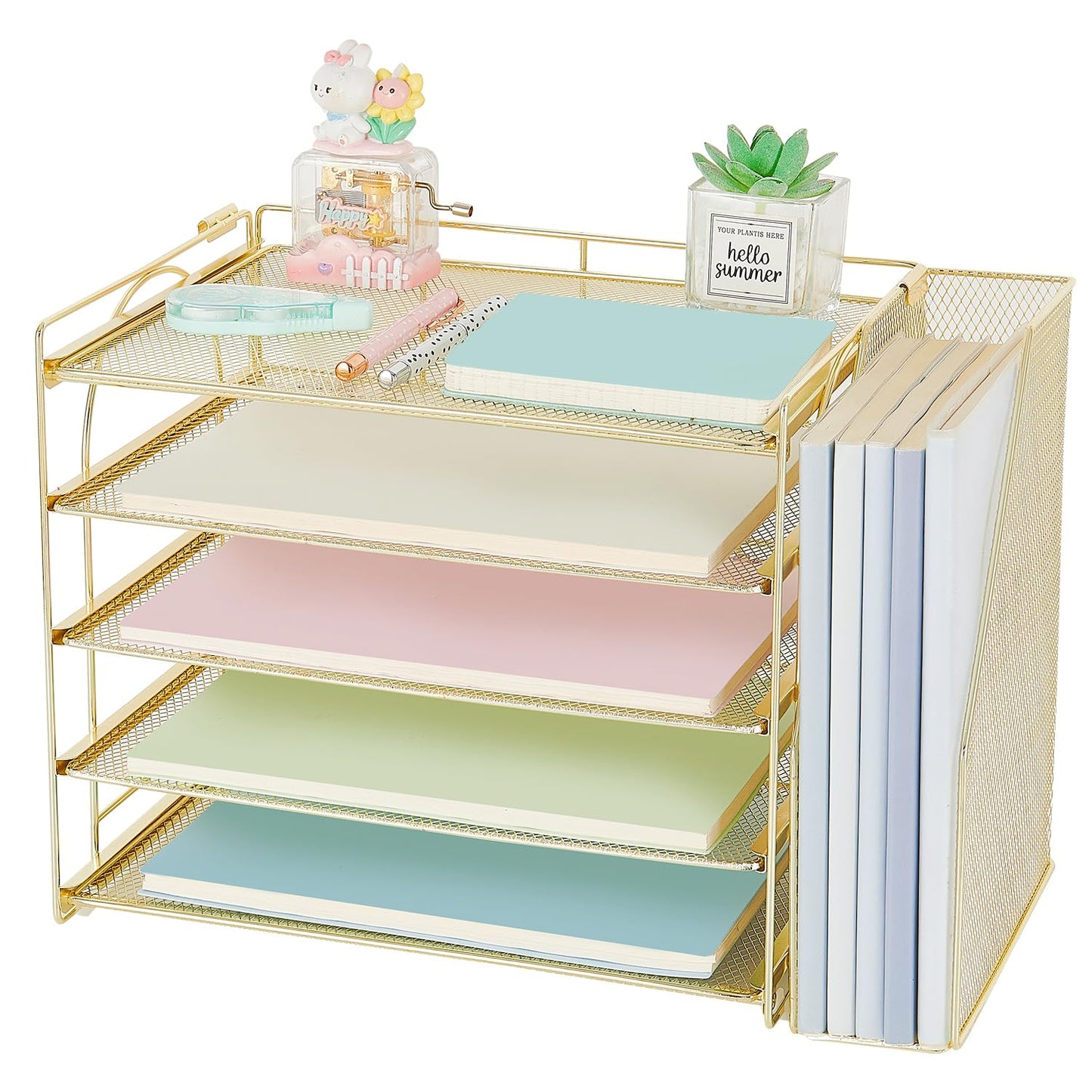 AUPSEN Gold Desk Organizers and Accessories, 5-Tier Desktop Paper File Organizer with Removable File Holder, Desk Accessories & Workspace Organization for Home Office Supplies (Gold)