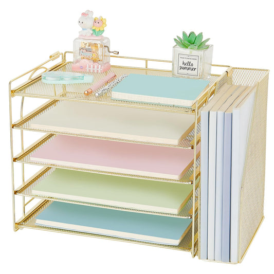 AUPSEN Gold Desk Organizers and Accessories, 5-Tier Desktop Paper File Organizer with Removable File Holder, Desk Accessories & Workspace Organization for Home Office Supplies (Gold)