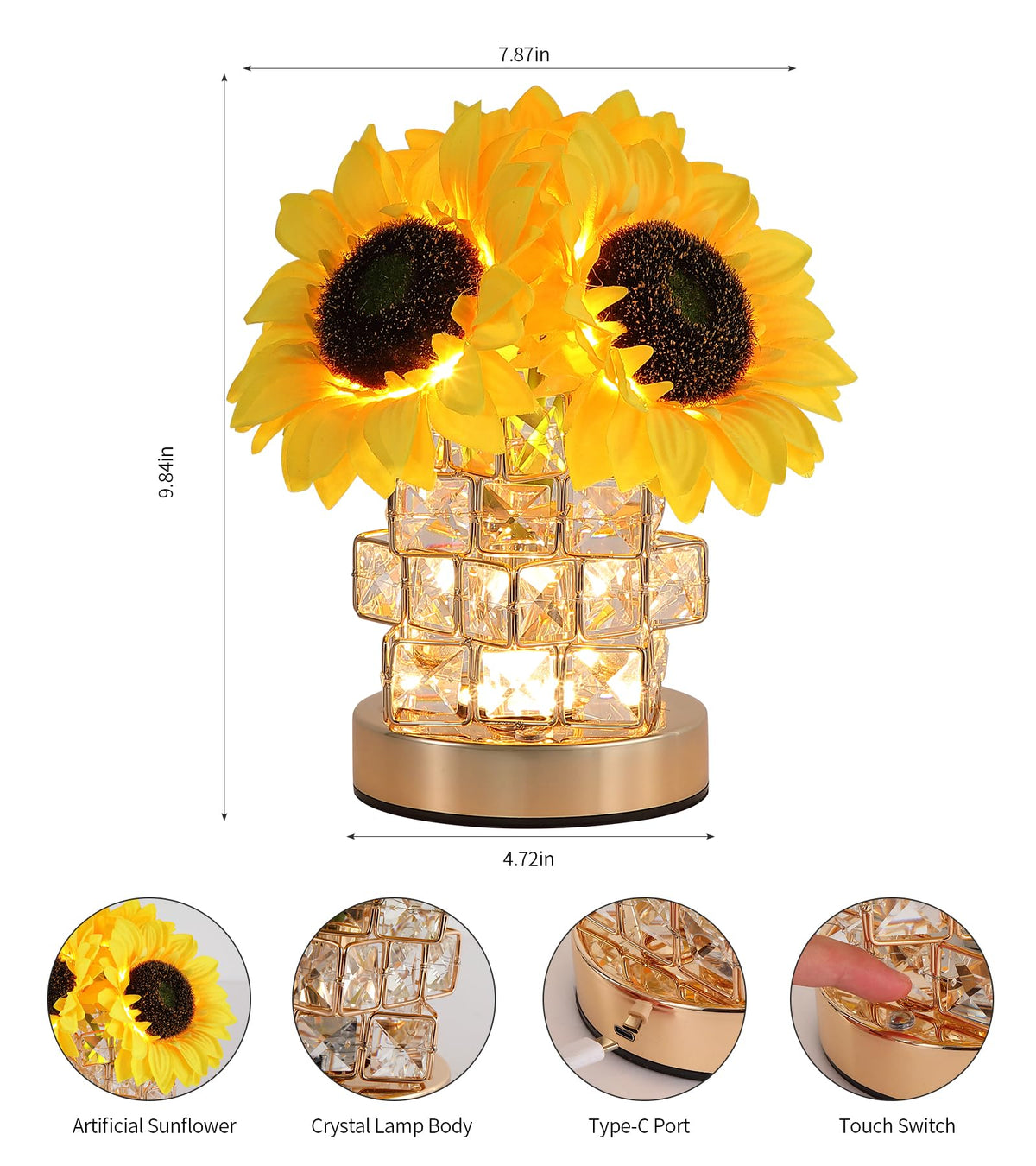 AIHYING Sunflowers Flower Lamp,Rechargeable Cordless Touch Lamp,3-Colour Infinitely Dimming Small Night Light,Crystal Table Lamp,Christmas/Mother's Day/Birthday Gifts for Women,Home Decor.