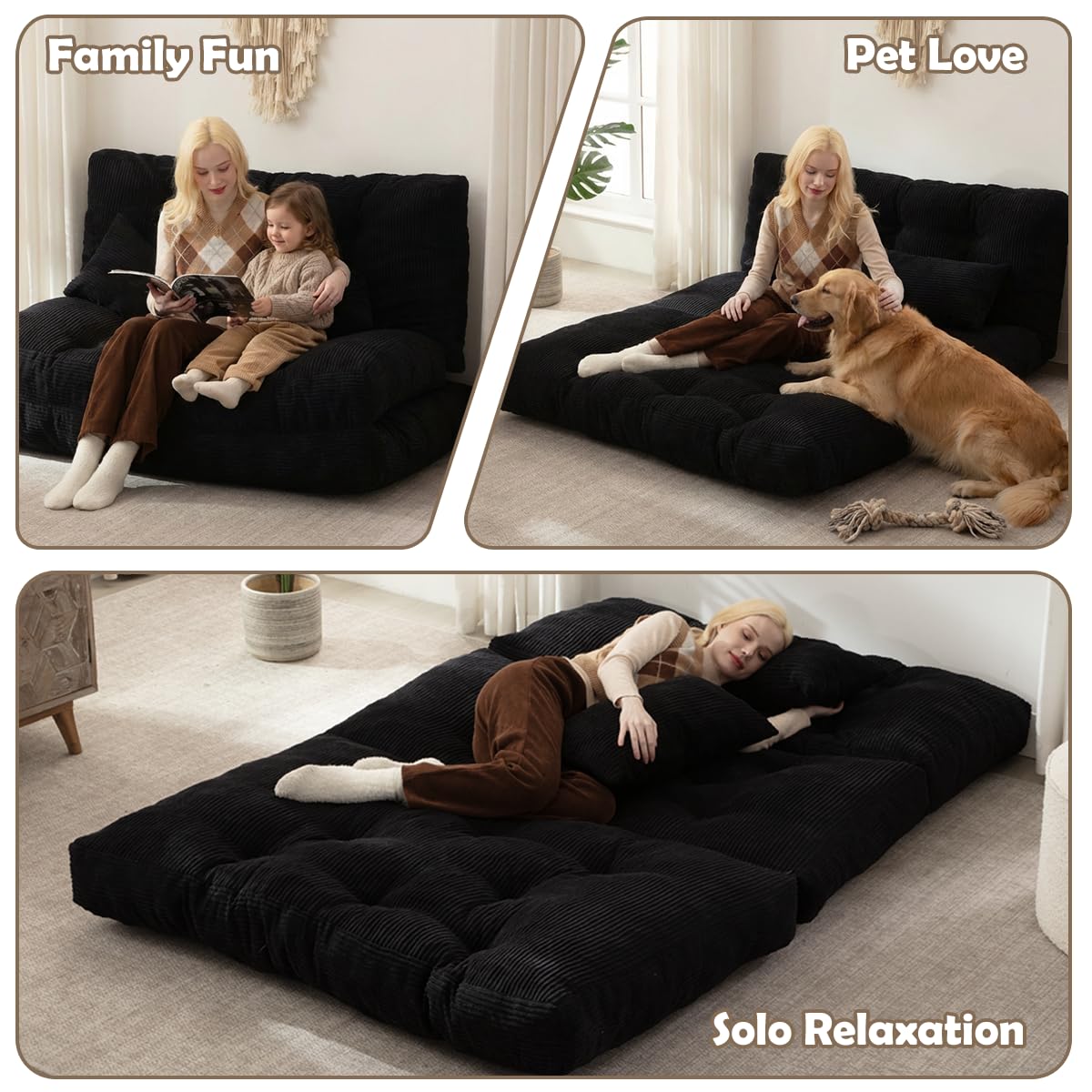 Folding Sofa Bed, Convertible Sleeper Chair with Pillow Foldable Mattress with Back Support, Portable Fold Out Chair Bed Comfy Floor Sofa Lounge for Living Room Bedroom, Black Full 80x54 Inch