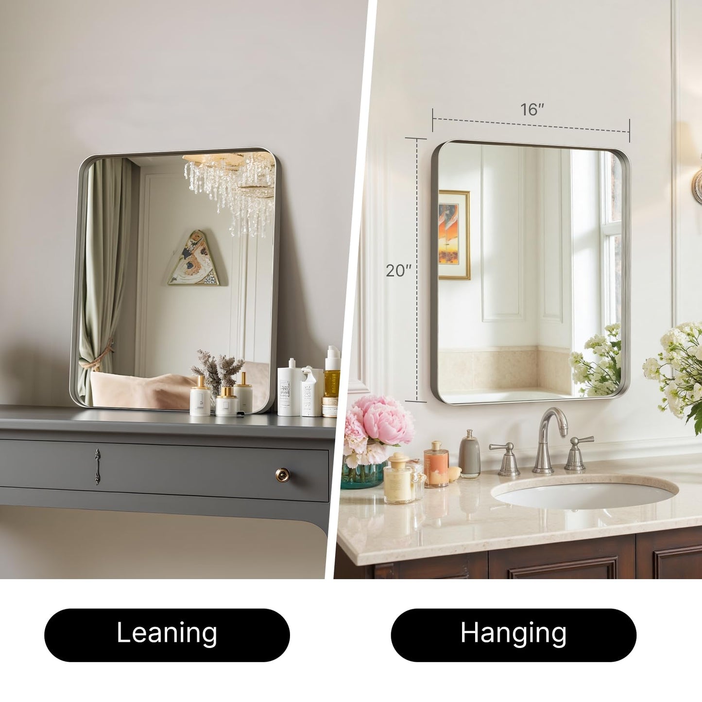 Kosmonia 20"x16" Bathroom Mirror, Brushed Nickel Rounded Rectangle Vanity Mirror, Anti-Rust Aluminum Framed, Wall Mounted Mirror for Over Sink, Hangs Horizontally or Vertically