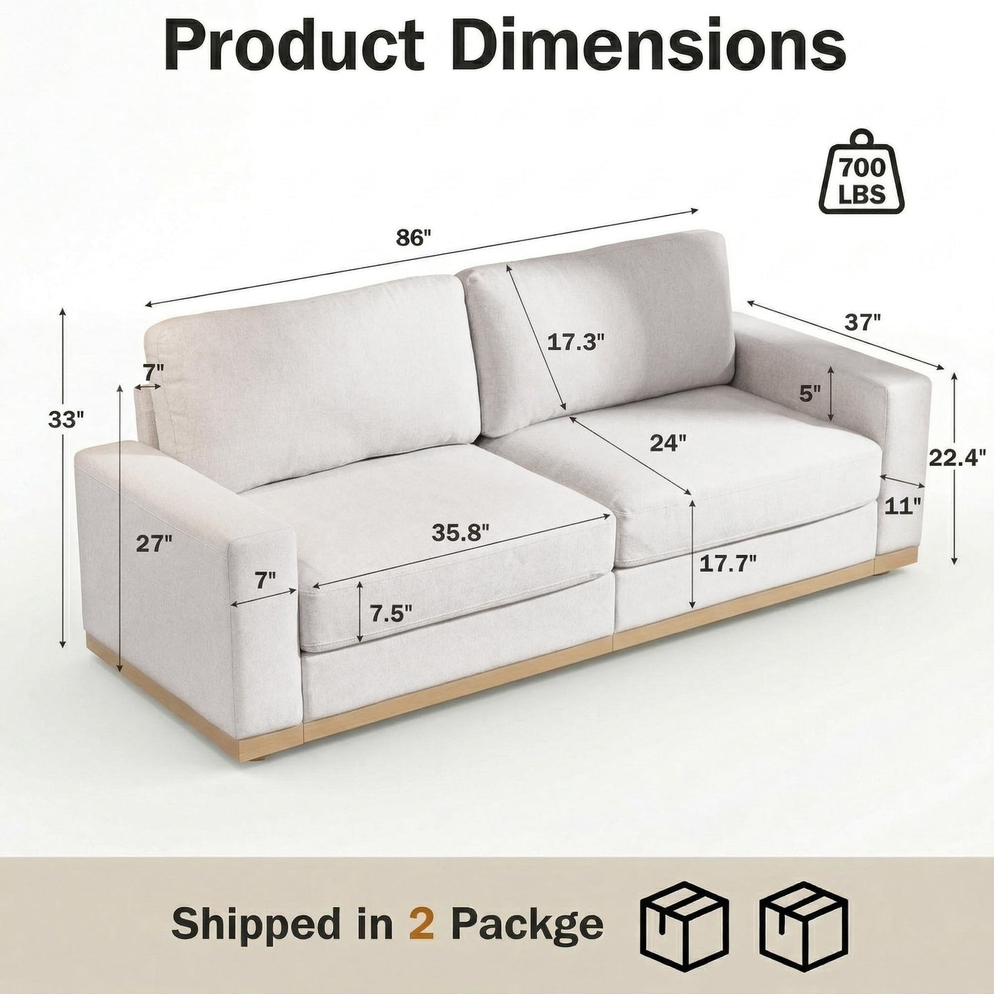 WEUP 86" Modern Loveseat Sofa for Living Room,2 Seater Deep Seat Modular Sofa Couch,Chenille Fabric,Solid Wood Frame,Spring Cushions, Removable Covers,Easy Assembly for Small Spaces,Beige