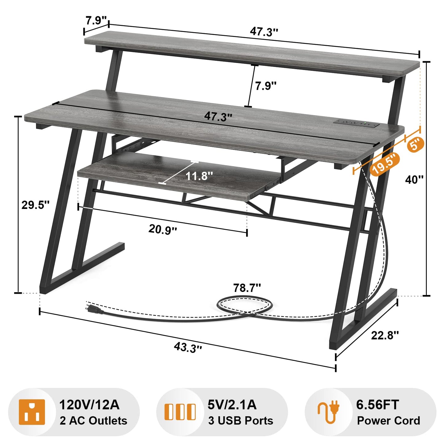 Armocity Music Studio Desk, Music Production Workstation with Power Outlets, Recording Studio Table Desks Music Producer for Home, Grey Oak