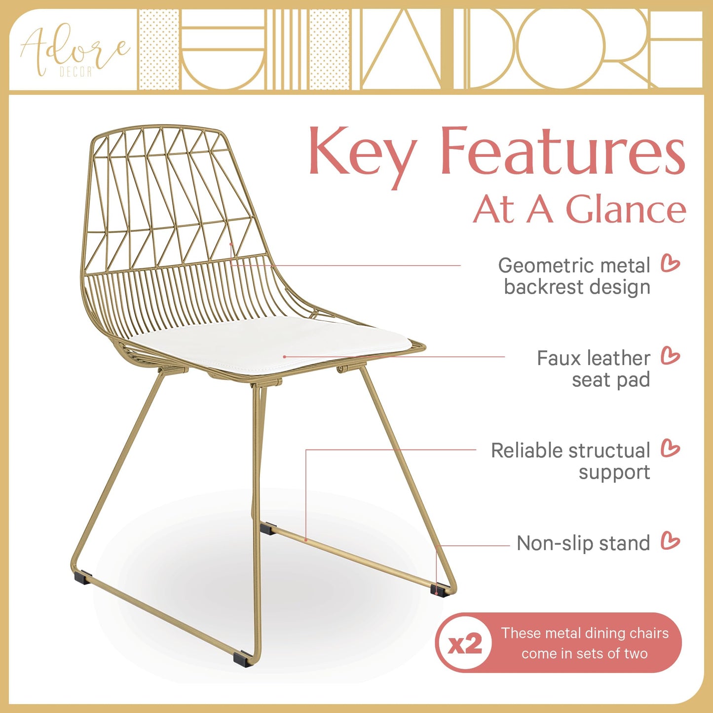 Adore Décor Elle Décor Vivi Dining Chair Set French Gold
