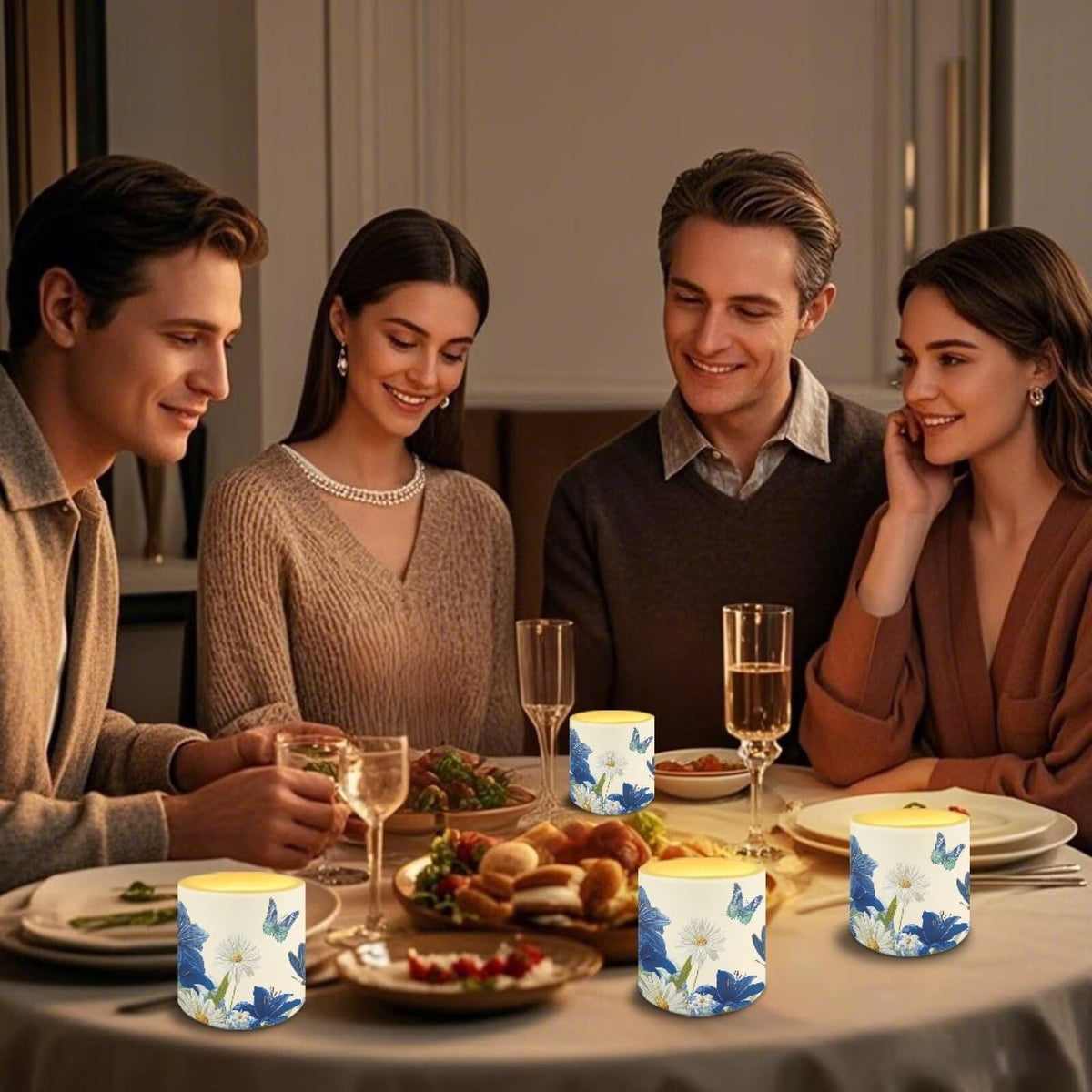 Cozeyat Blue Floral LED Flameless Candles Set of 4 Battery Powered with Remote Timer Flickering Flame Waterproof for Indoor Outdoor Home Decor