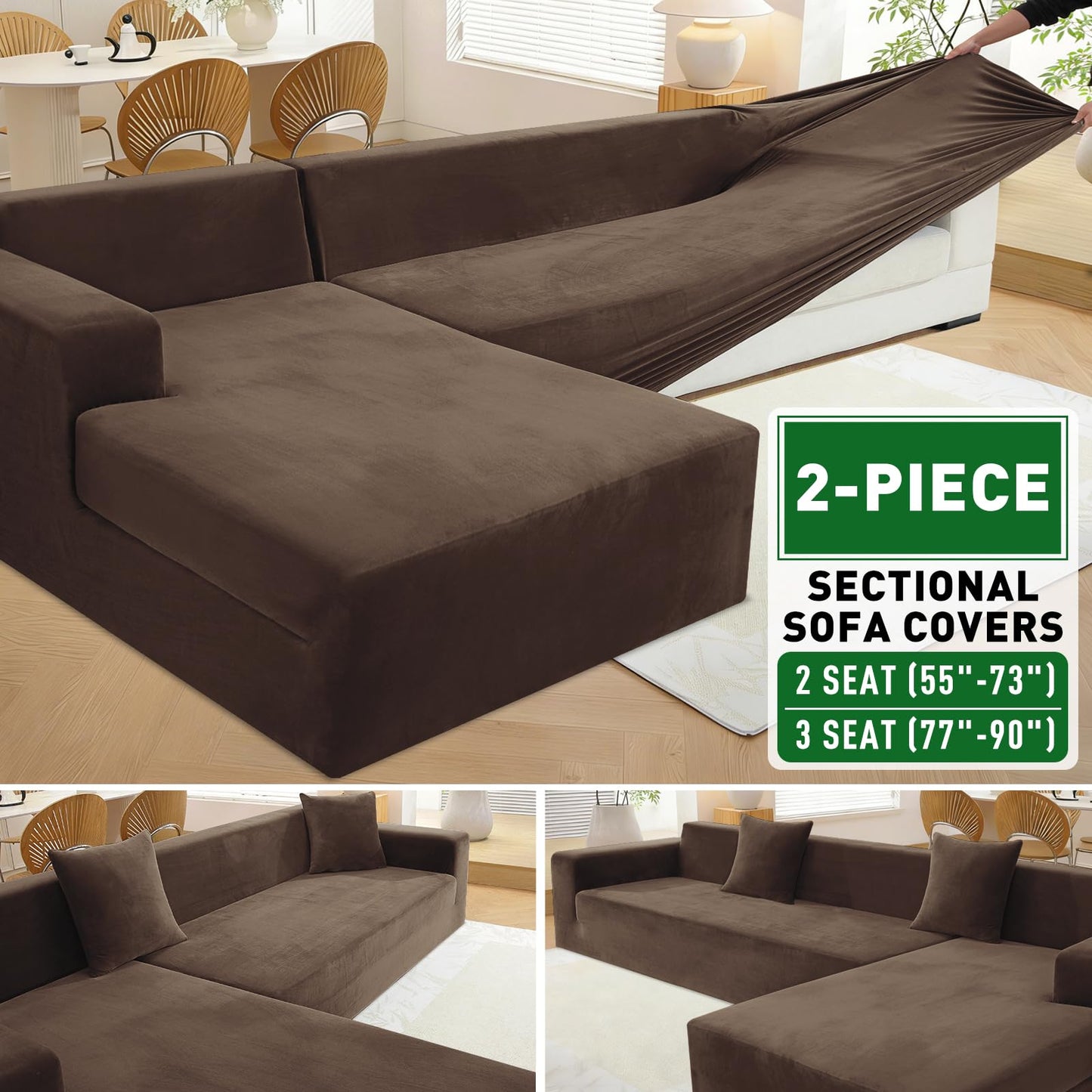 ZNSAYOTX 2026 Soft Velvet Sectional Couch Covers, Luxury Plush Slipcovers with Elastic Bottom for L Shape Sectional Sofa, 2 Pc Pet Friendly Protector (3 Seat Couch + 2 Seat Chaise, Dark Coffee)
