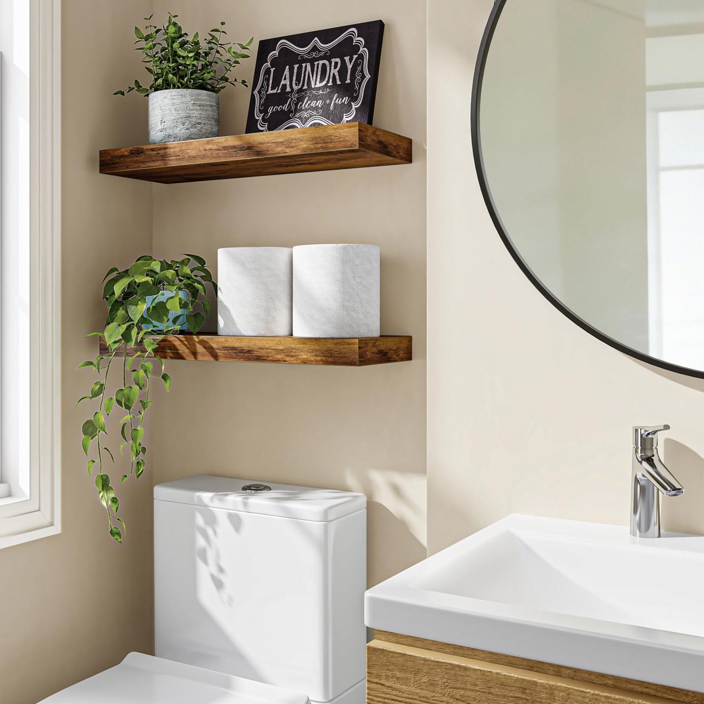 Fixwal Floating Shelves for Wall, 15.7" Wood Wall Mounted Shelves for Living Room, Bedroom, Bathroom and Kitchen, for Storage, Books, Room Decor (Rustic Brown, Set of 2)