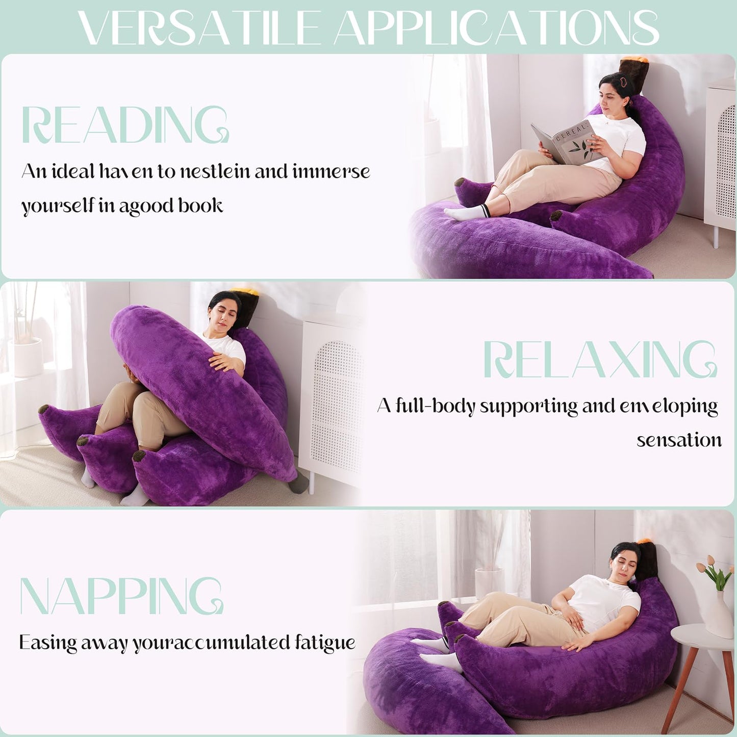 IEVENW Banana Bean Bag Chair with Ottoman, Floor Sofa Bed with Footrest, Comfy Convertible Lounger for Adults, Plush Couch for Bedroom, Living Room or Dorm, L-Violet
