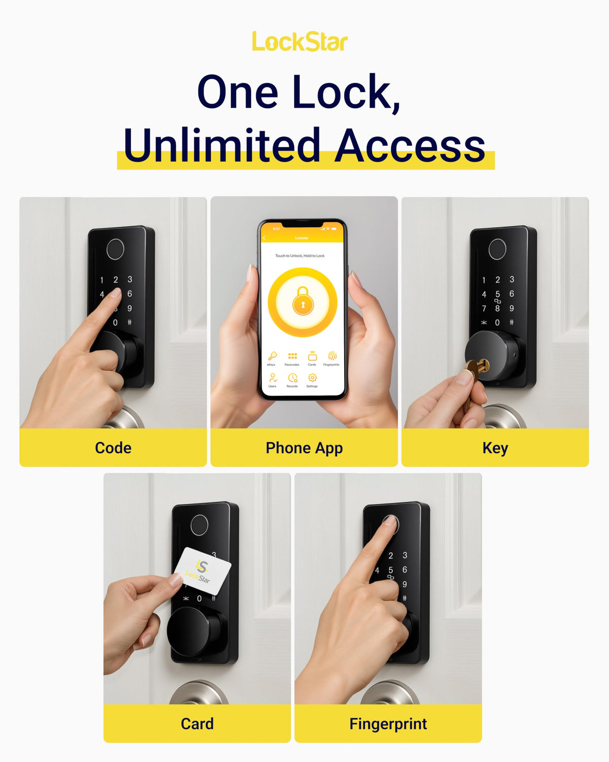 LOCKSTAR® Smart Door Lock • Keyless Entry Deadbolt Door Lock • Multiple Entry Methods – APP • Fingerprint Touch ID • Keypad Code • Card FOB • Traditional Key • Smart Home Devices