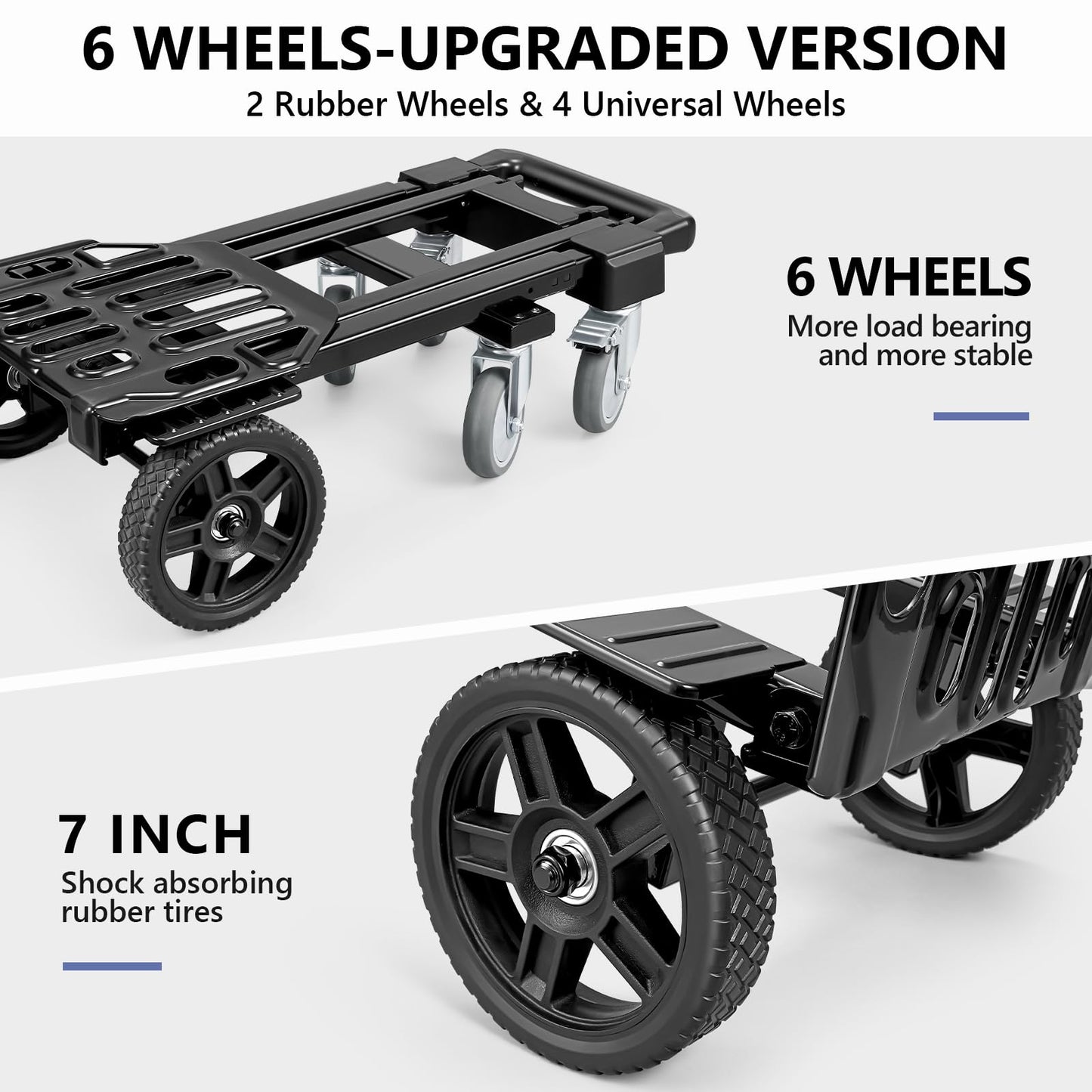 KEDSUM 3-in-1 Convertible Dolly Cart with Wheels, 600LBS Heavy Duty Hand Truck Dolly, Hand Truck with Adjustable Handle Angle & Expandable Base for Home,Warehouses,Dorm, 6-Wheel Design with Brakes