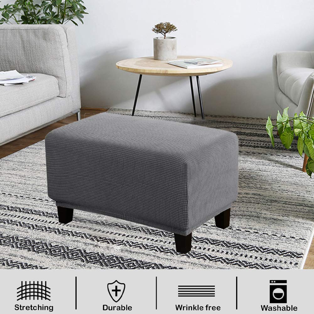 VIENLOVE Rectangle Ottoman Slipcover Polyester Blend Footstool Protector Covers Stretch with Elastic Bottom Feature Textured Machine Washable Jacquard Fabric (Gray, Large)