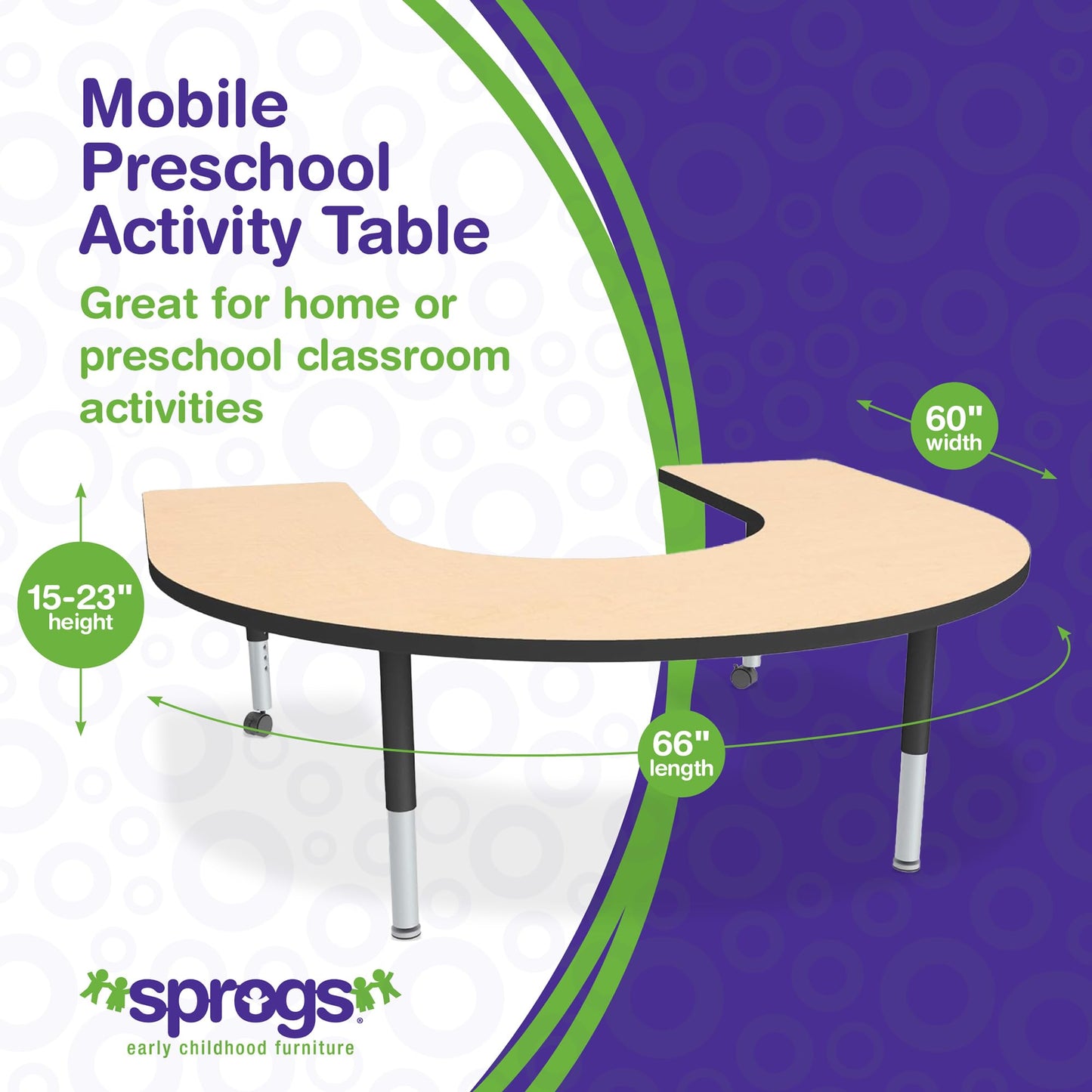 Sprogs Adjustable Height Mobile Classroom Activity Table for Preschools, Horseshoe Preschool Activity Table with Casters, 60"L x 66"W x 23"H, Maple/Black