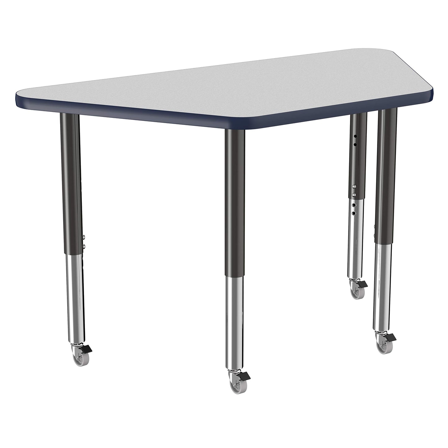FDP Mobile Trapezoid Activity School and Office Table (24 x 48 inch), Super Legs with Glides and Casters for Collaborative Environments, Adjustable Height 19-30 inches - Gray Top and Navy Edge