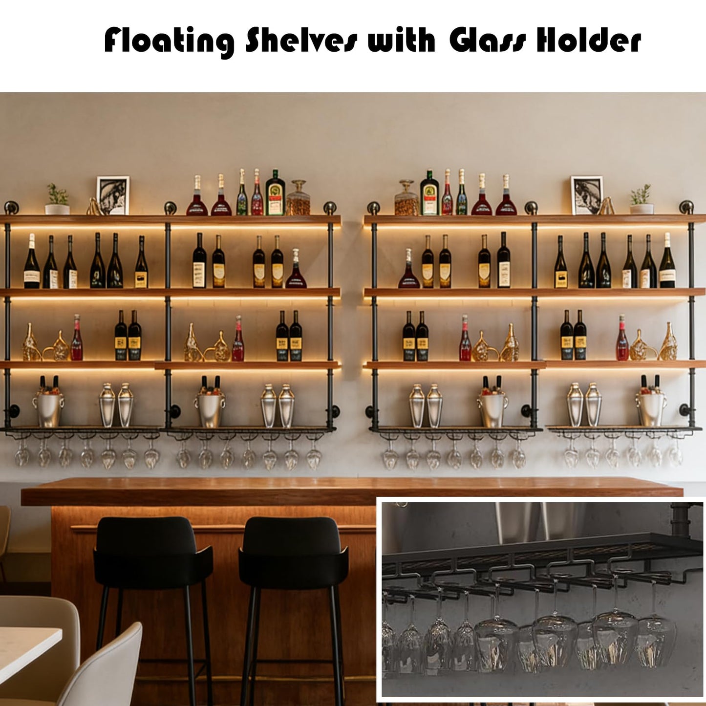 YTALUTTNIE 31.4in Wall Mounted Wine Rack with LED Lights, 4-Tier Industrial Wood Floating Shelves, Metal Wine Glass Rack, Liquor Shelf Storage Organizer for Home Bar, Dining Room, Kitchen, Bar