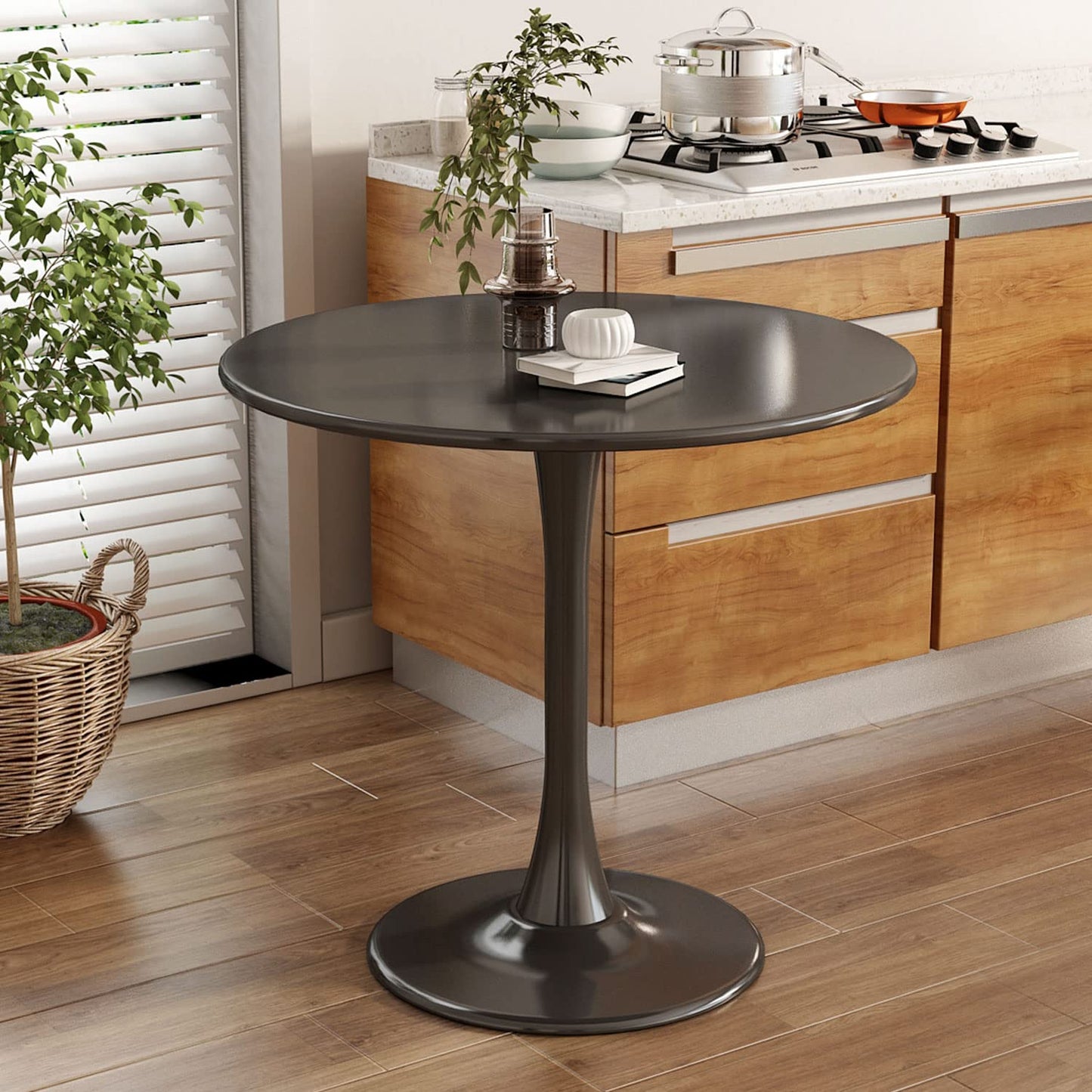 Kasinali Round Dining Table 31.5" Circle Tulip Table with Wood Thickened Tabletop & Sturdy Metal Pedestal Mid Century Modern Leisure Bistro Kitchen Tables 4 People Small Places Living Room Cafe,Black