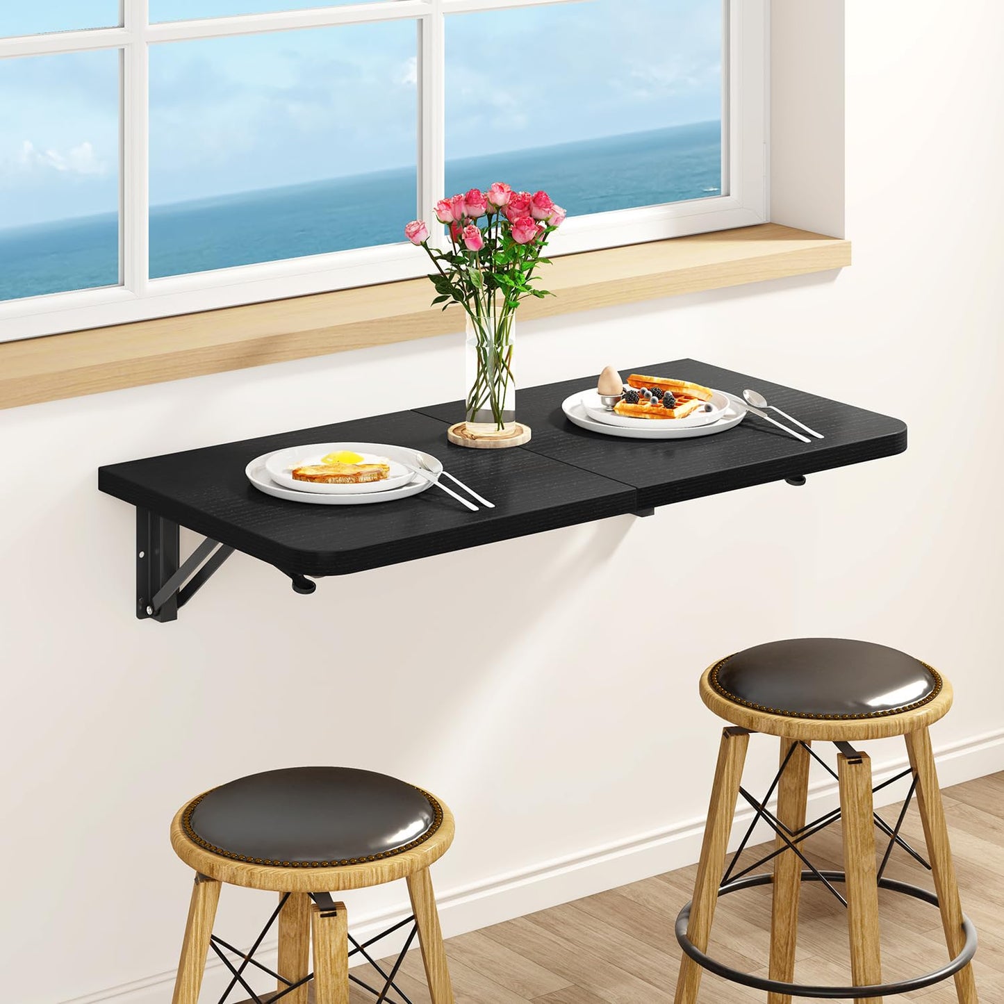 IBUYKE Wall Mounted Folding Table, Floating Wall Desk for Small Spaces, Fold Down Laundry Shelf with Heavy-Duty Brackets, Wall Table for Home Office/Bar/Kitchen/Dining Black UTVT005B