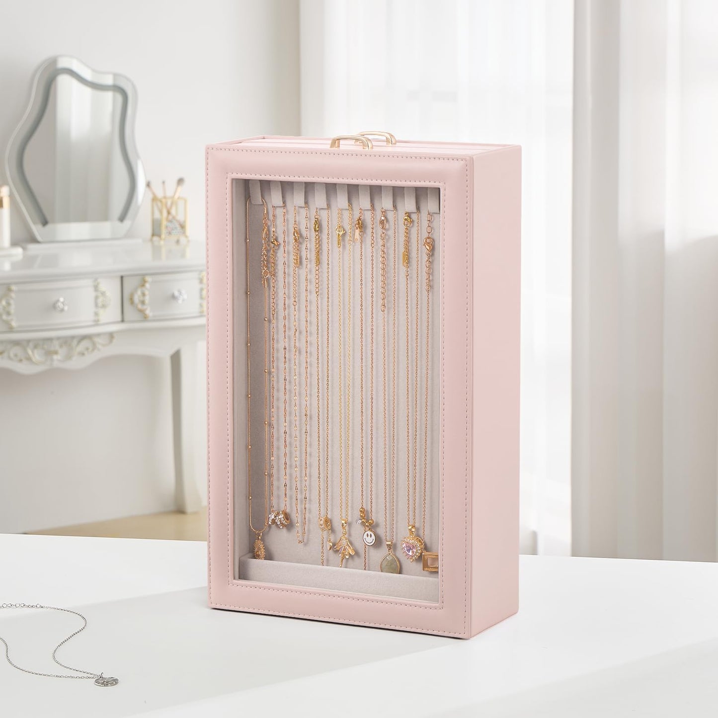 Lolalet Necklace Organizer Box, Jewelry Storage Box with Clear Window for Necklaces Bracelets, Tangle-Free Necklace Display Case for Women Girls, Pink, 2 Layers 20 Hooks