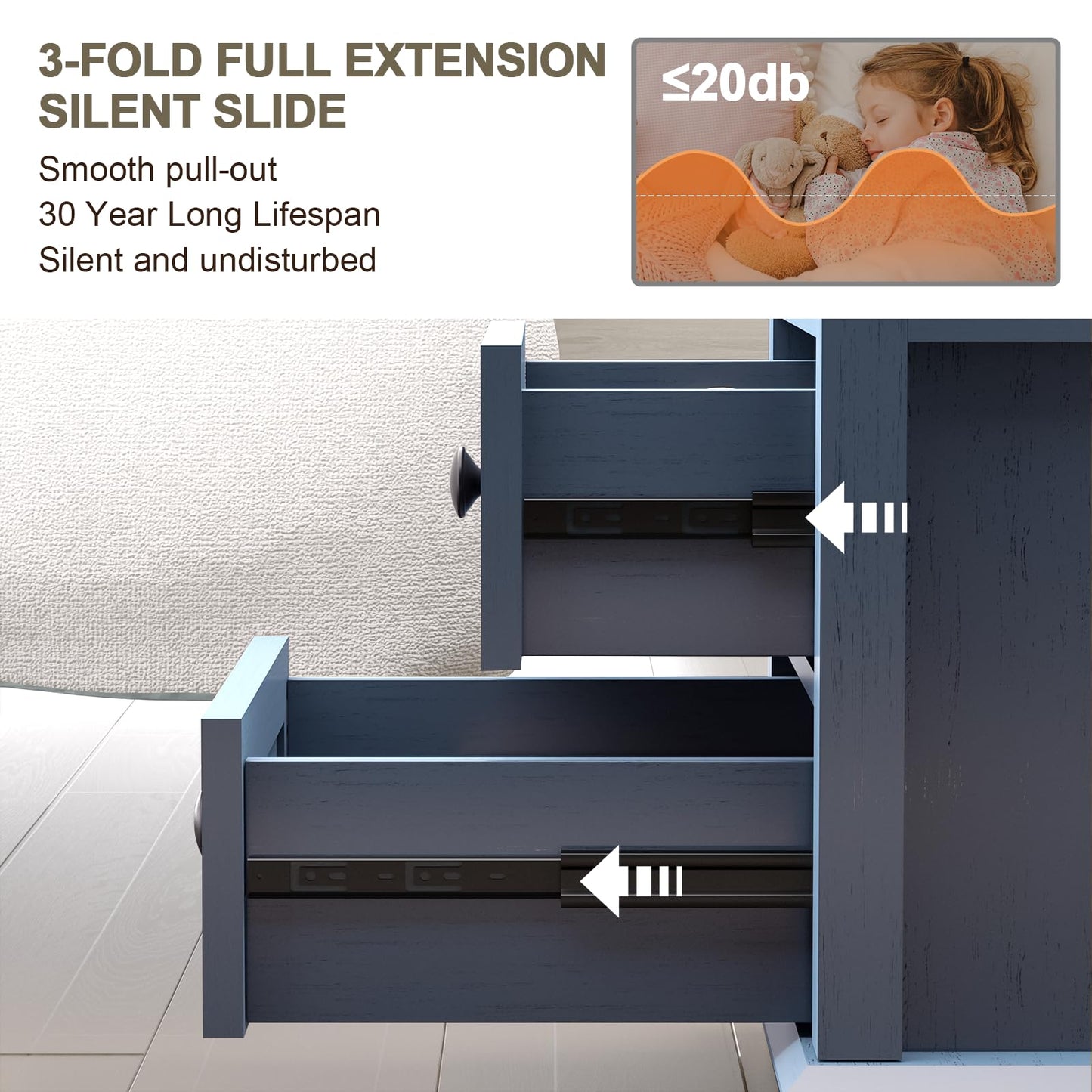 REDAYFUR End Table with Fast USB C Charging Station, 18" Wide Tall Sofa Side Table with 2 Drawers, Large Storage Rustic Wood Square Storage Cabinet for Living Room, Bedroom, Office, Blue